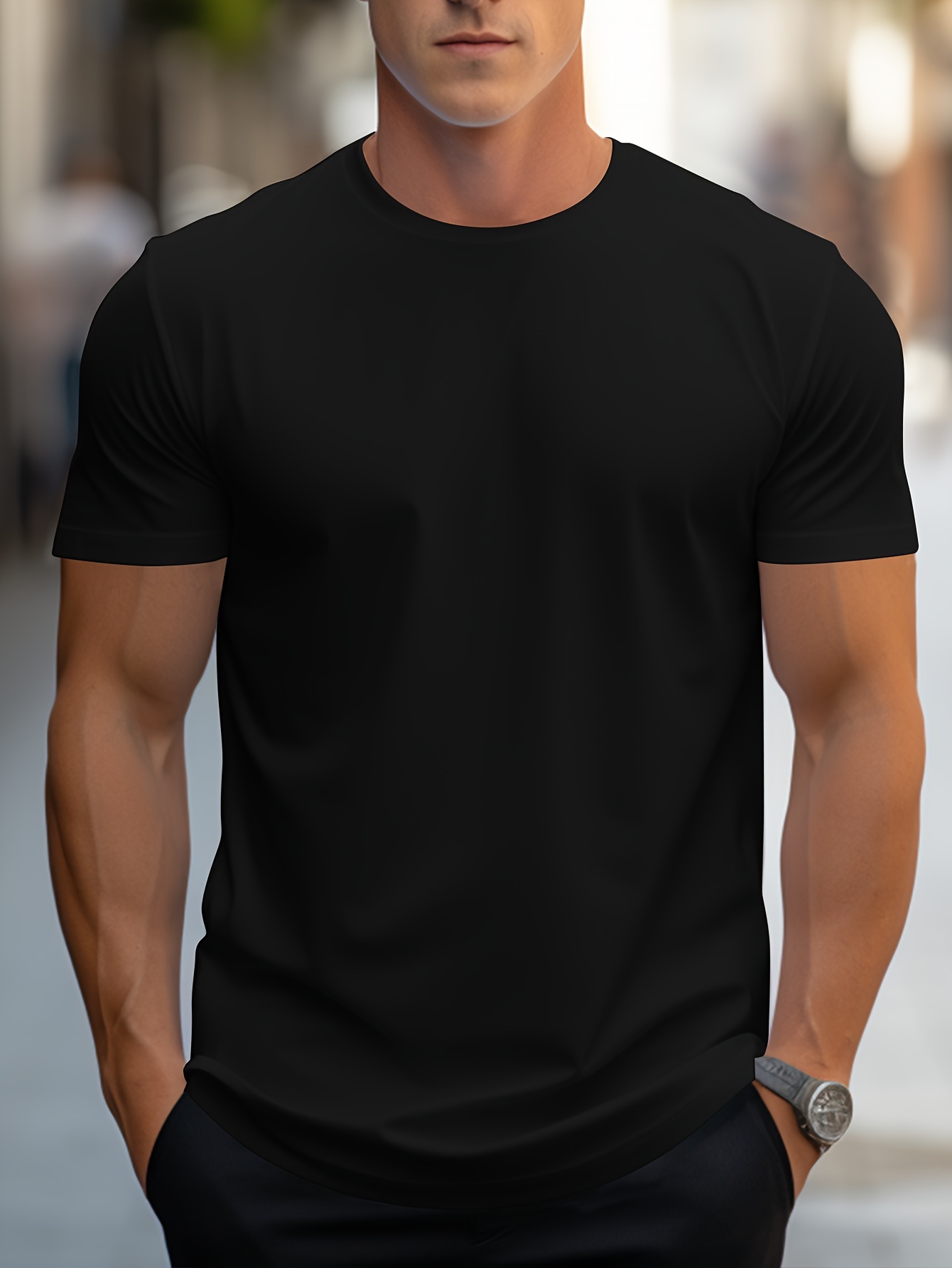 simple solid color t shirt mens casual street style stretch round neck tee shirt for summer details 40