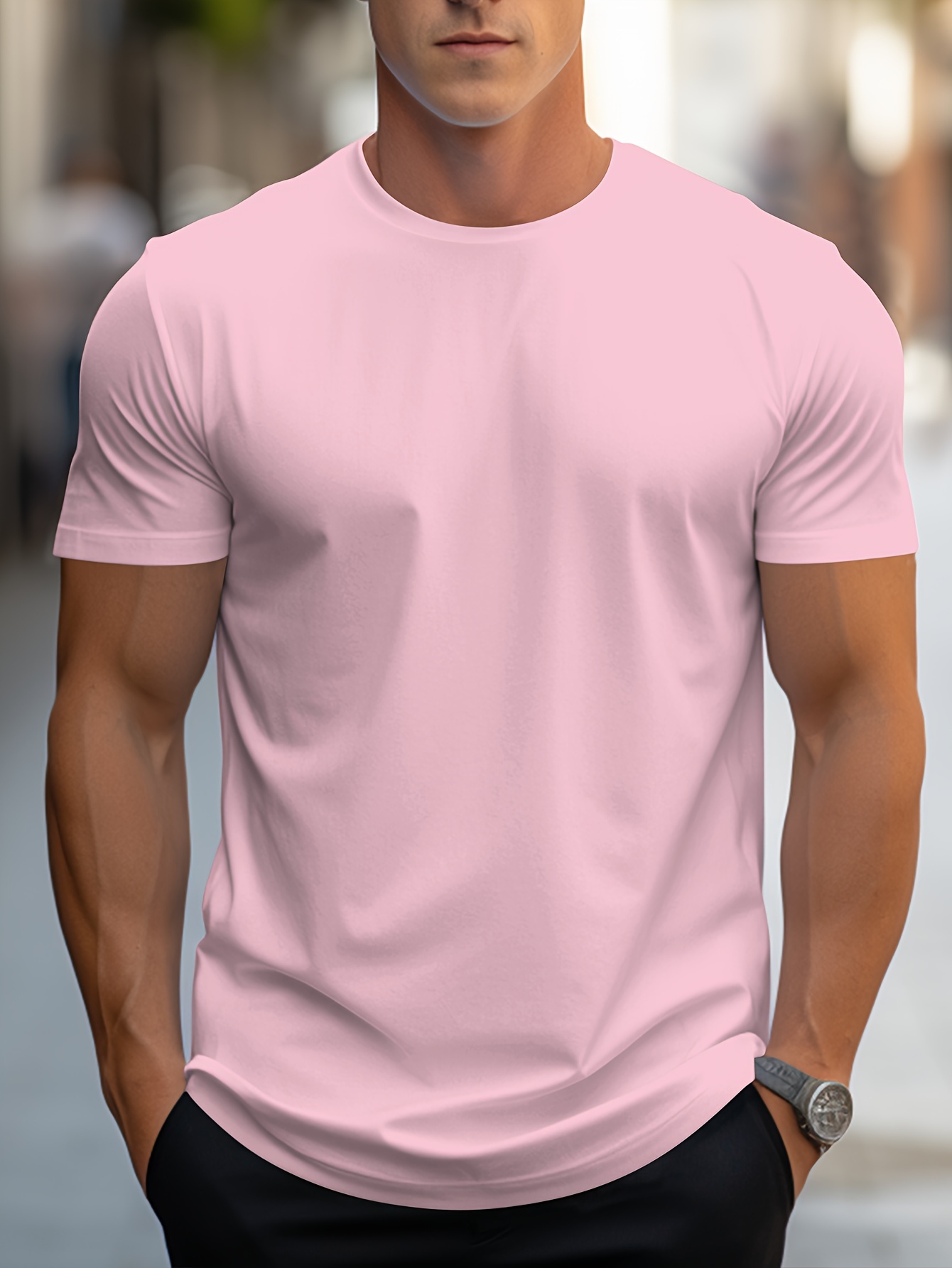 simple solid color t shirt mens casual street style stretch round neck tee shirt for summer details 45