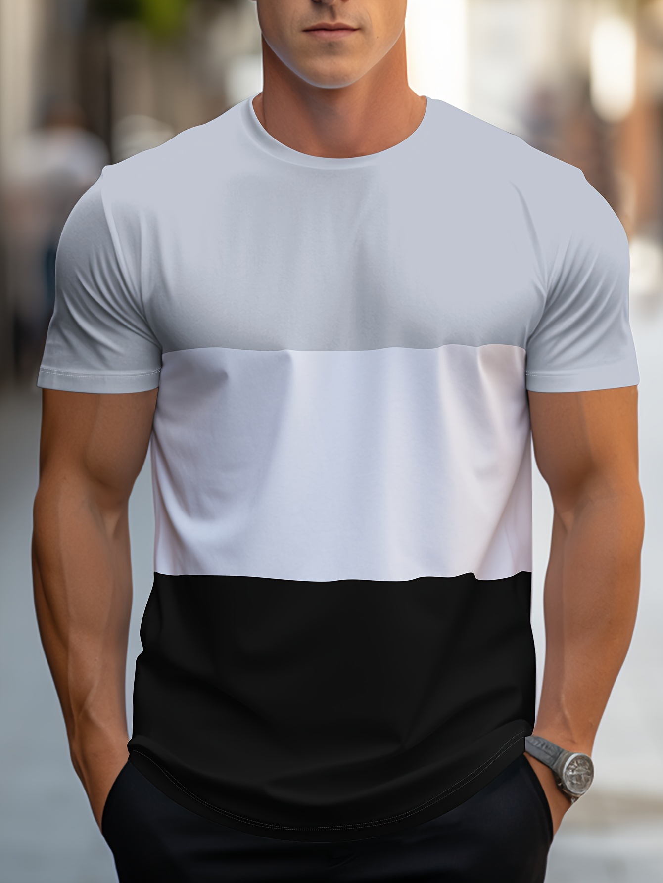 trendy color block t shirt mens casual street style stretch round neck tee shirt for summer details 0