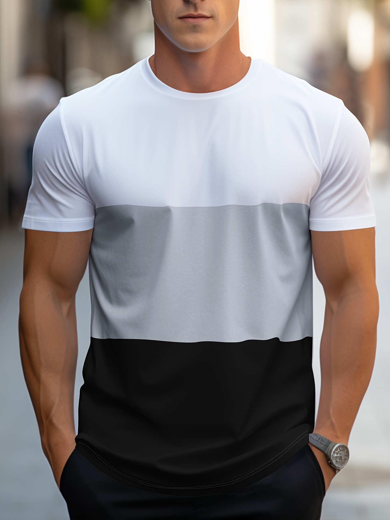 trendy color block t shirt mens casual street style stretch round neck tee shirt for summer details 5