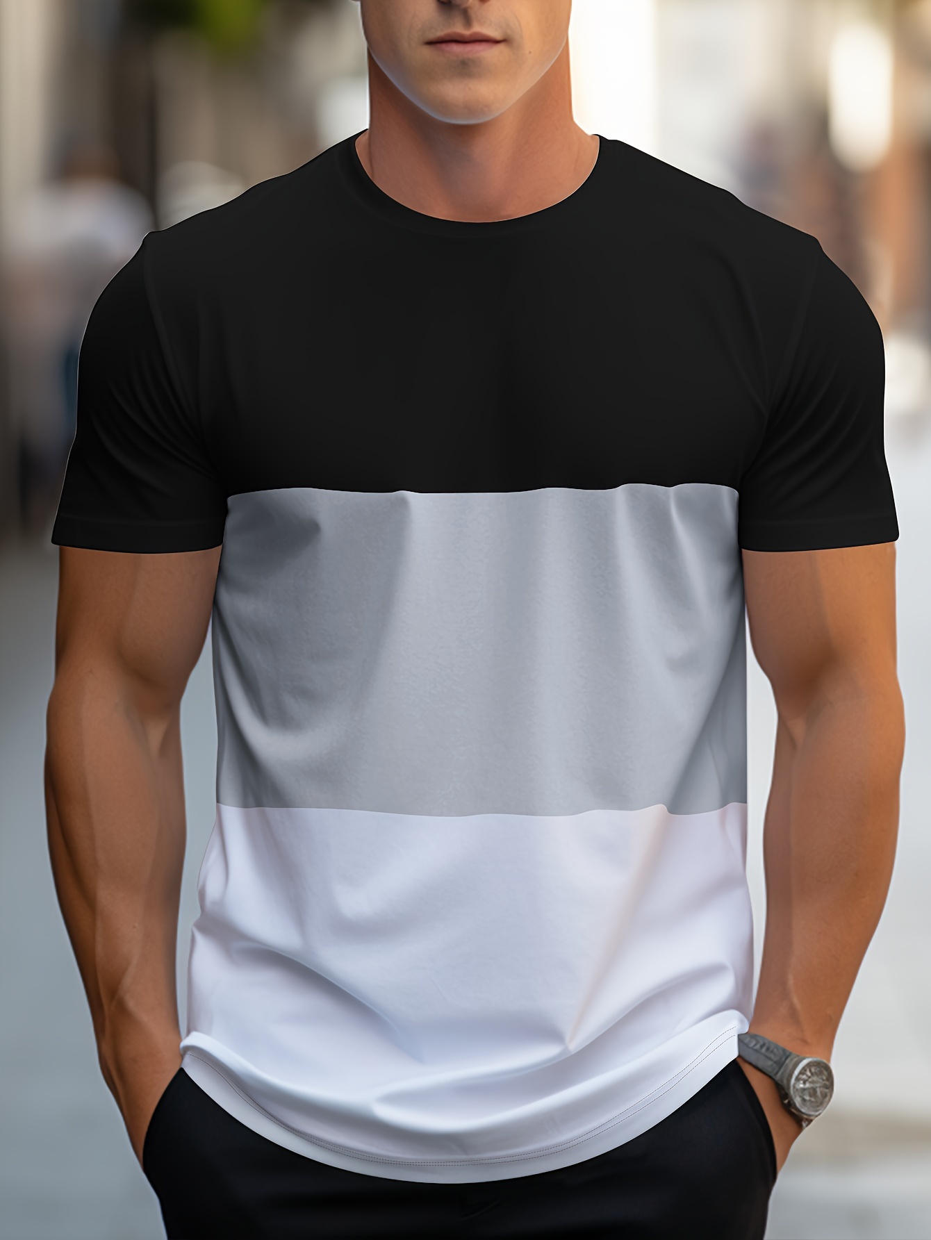 trendy color block t shirt mens casual street style stretch round neck tee shirt for summer details 11