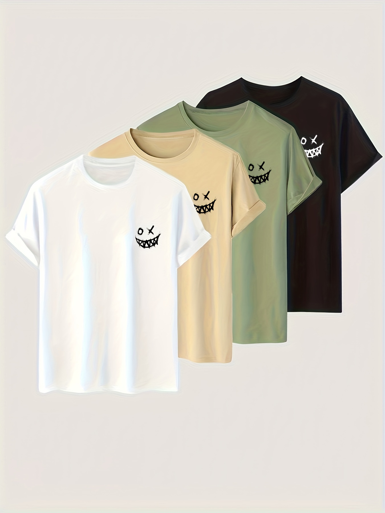 4 pcs mens smiling face print t shirt casual comfy crew neck tee mens clothing for summer outdoor details 4