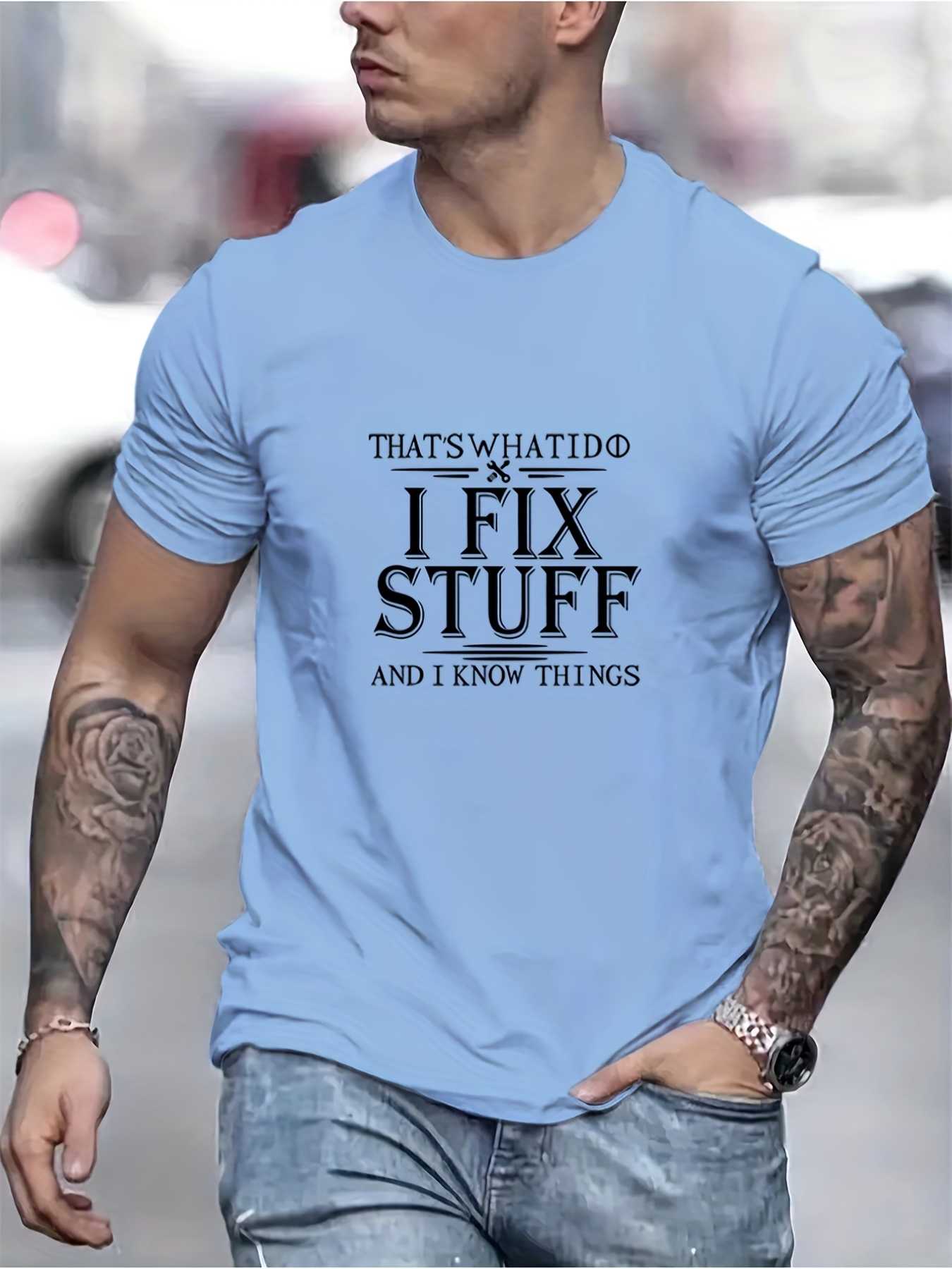 i fixed stuff and i know things letter graphic print mens creative top casual short sleeve crew neck t shirt mens clothing for summer outdoor details 0