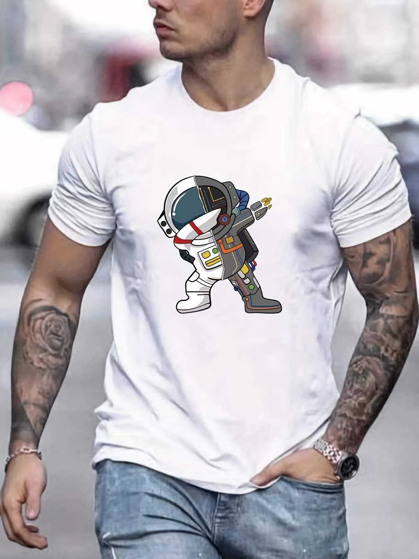 astronaut in victory pose print t shirt tees for men casual short sleeve tshirt for summer spring fall tops as gifts details 0