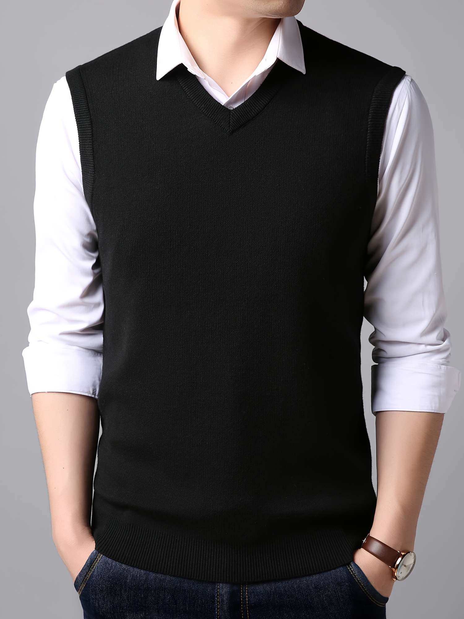 mens v neck solid casual sleeveless knitted sweater vest mens clothing for autumn winter details 0