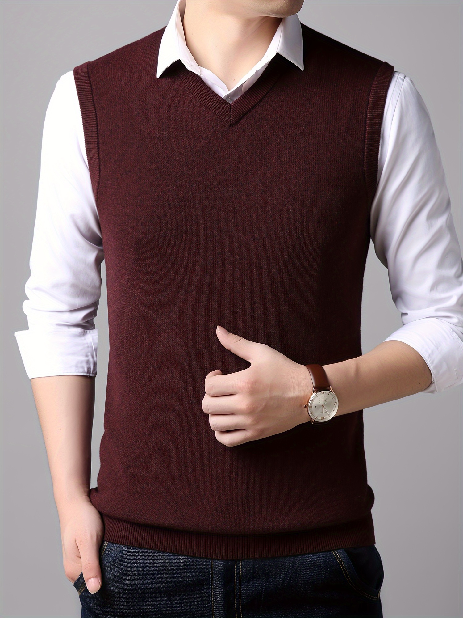 mens v neck solid casual sleeveless knitted sweater vest mens clothing for autumn winter details 2