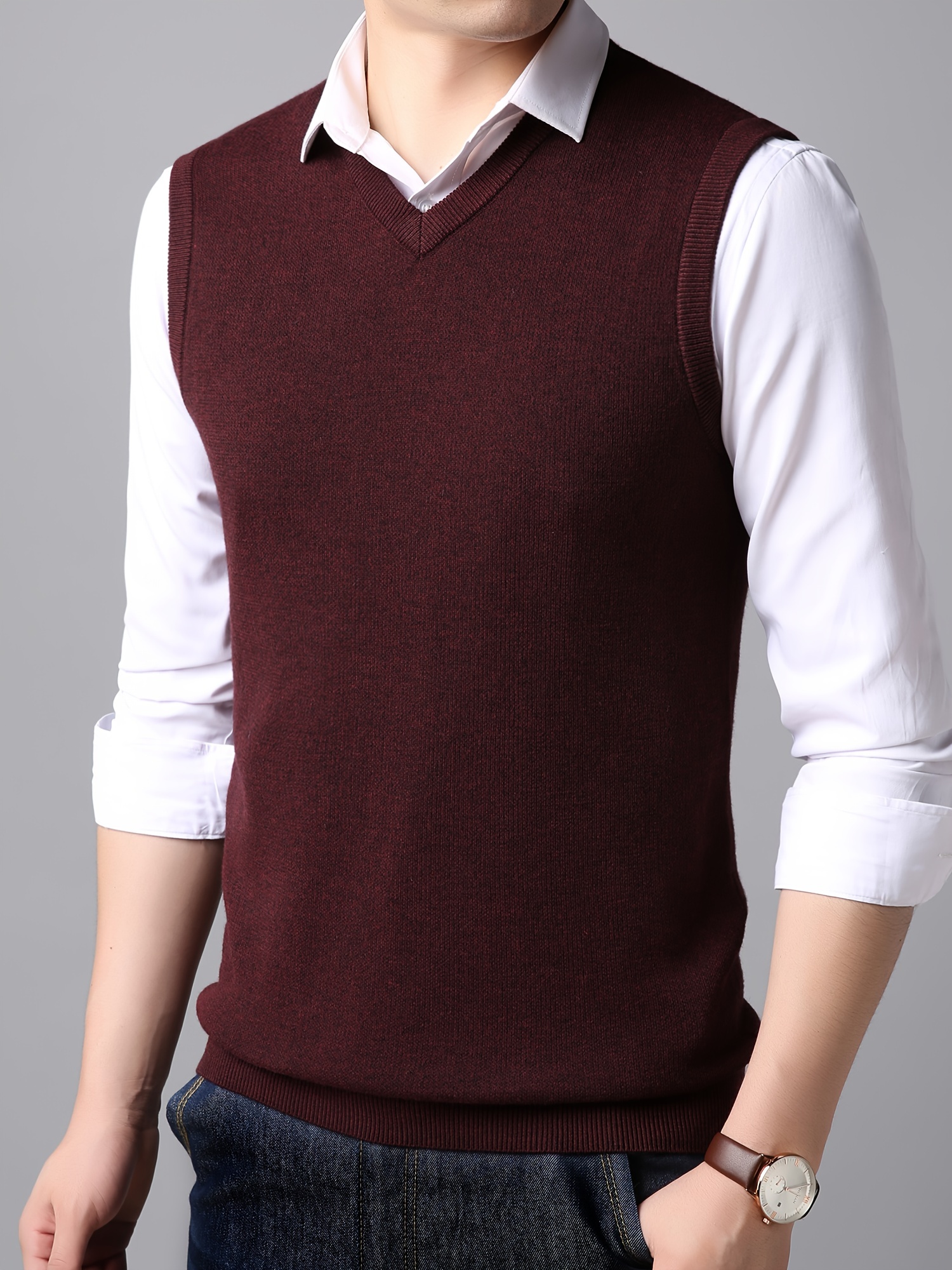 mens v neck solid casual sleeveless knitted sweater vest mens clothing for autumn winter details 3