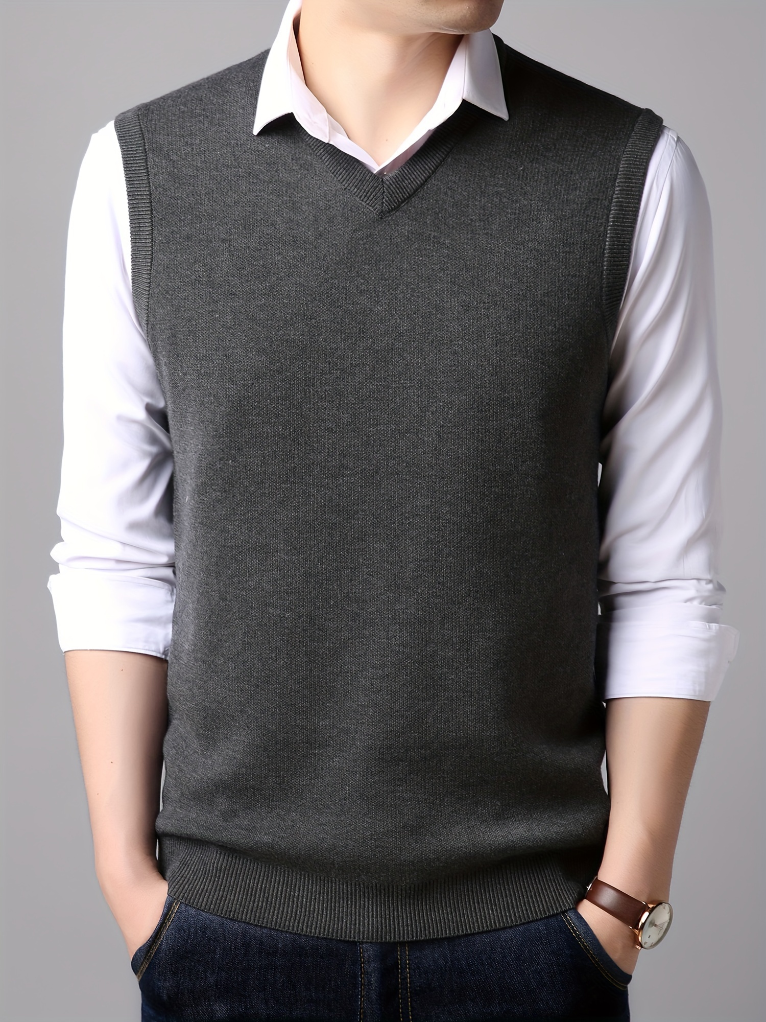 mens v neck solid casual sleeveless knitted sweater vest mens clothing for autumn winter details 4