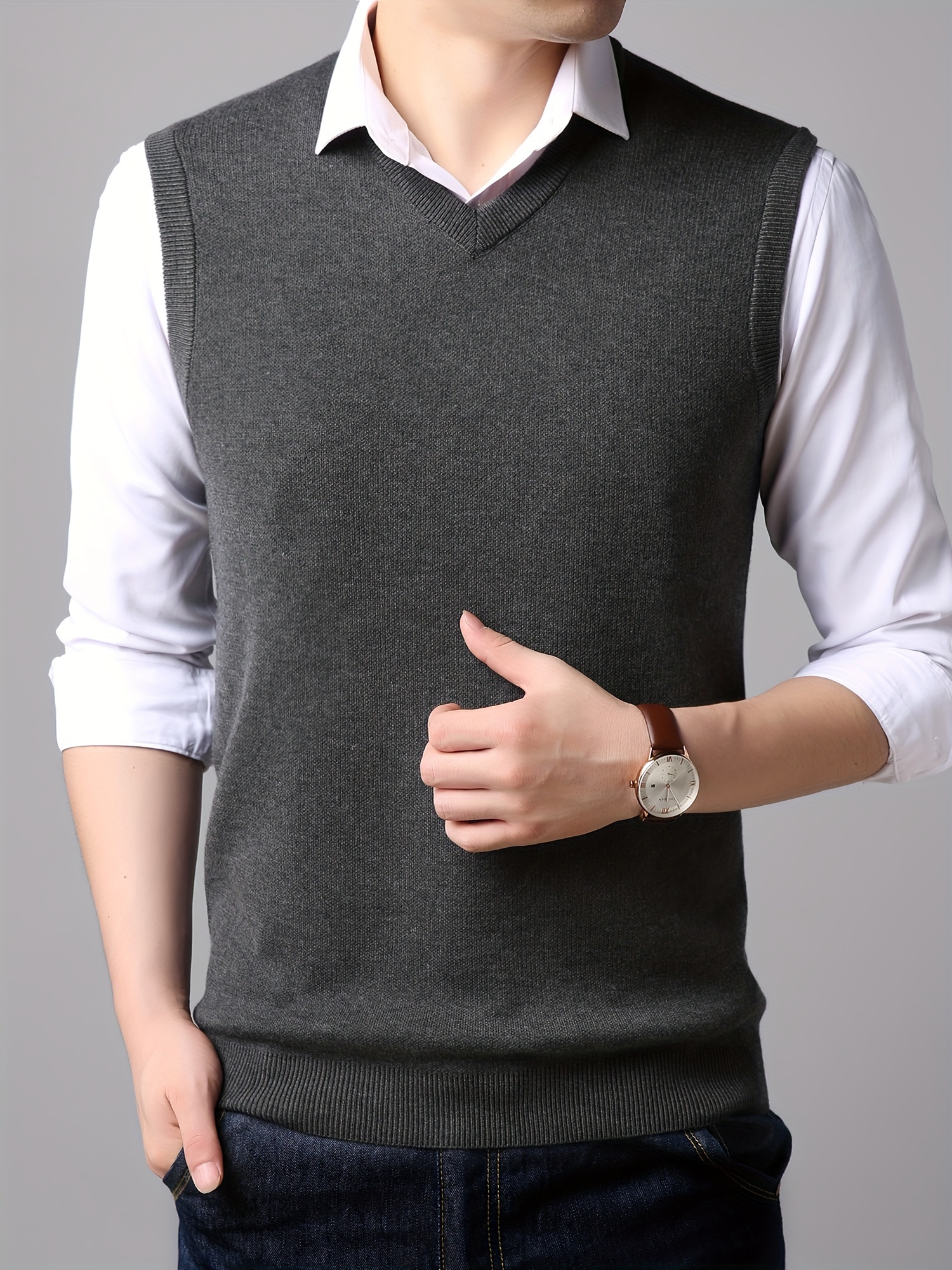 mens v neck solid casual sleeveless knitted sweater vest mens clothing for autumn winter details 5