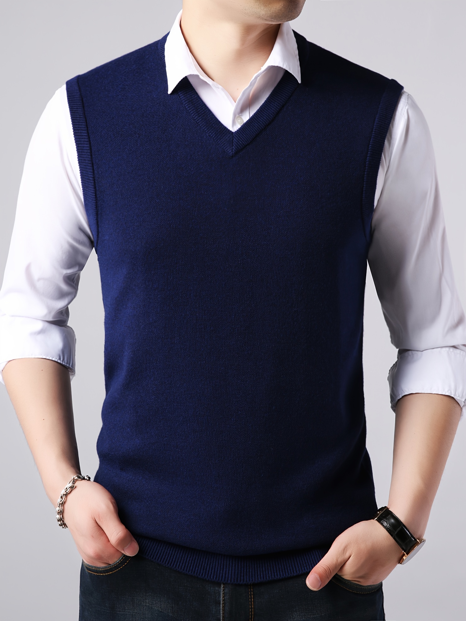 mens v neck solid casual sleeveless knitted sweater vest mens clothing for autumn winter details 6