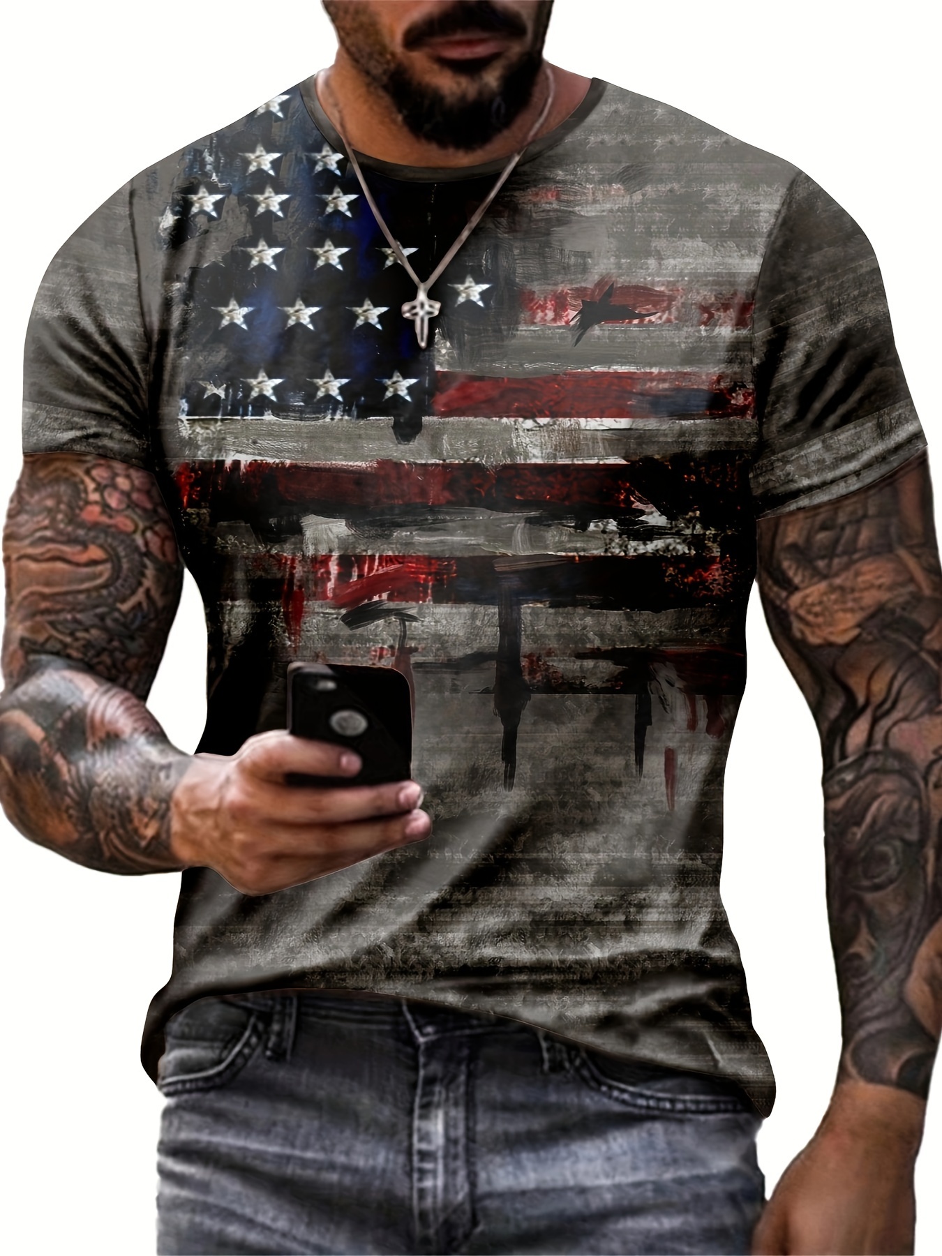 retro stars and stripes print mens graphic design crew neck active t shirt casual comfy tees tshirts for summer mens clothing tops for daily gym workout running details 1