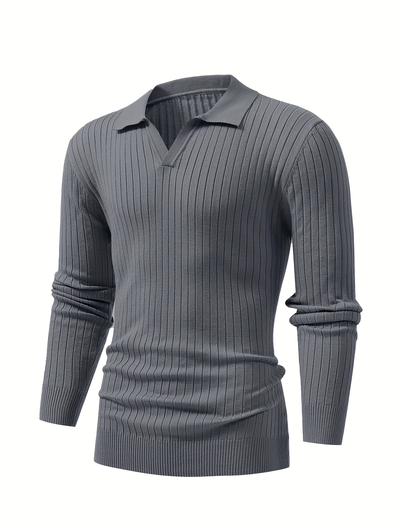 chic ribbed knit shirt mens casual lapel high stretch v neck pullover sweater for men winter fall details 7