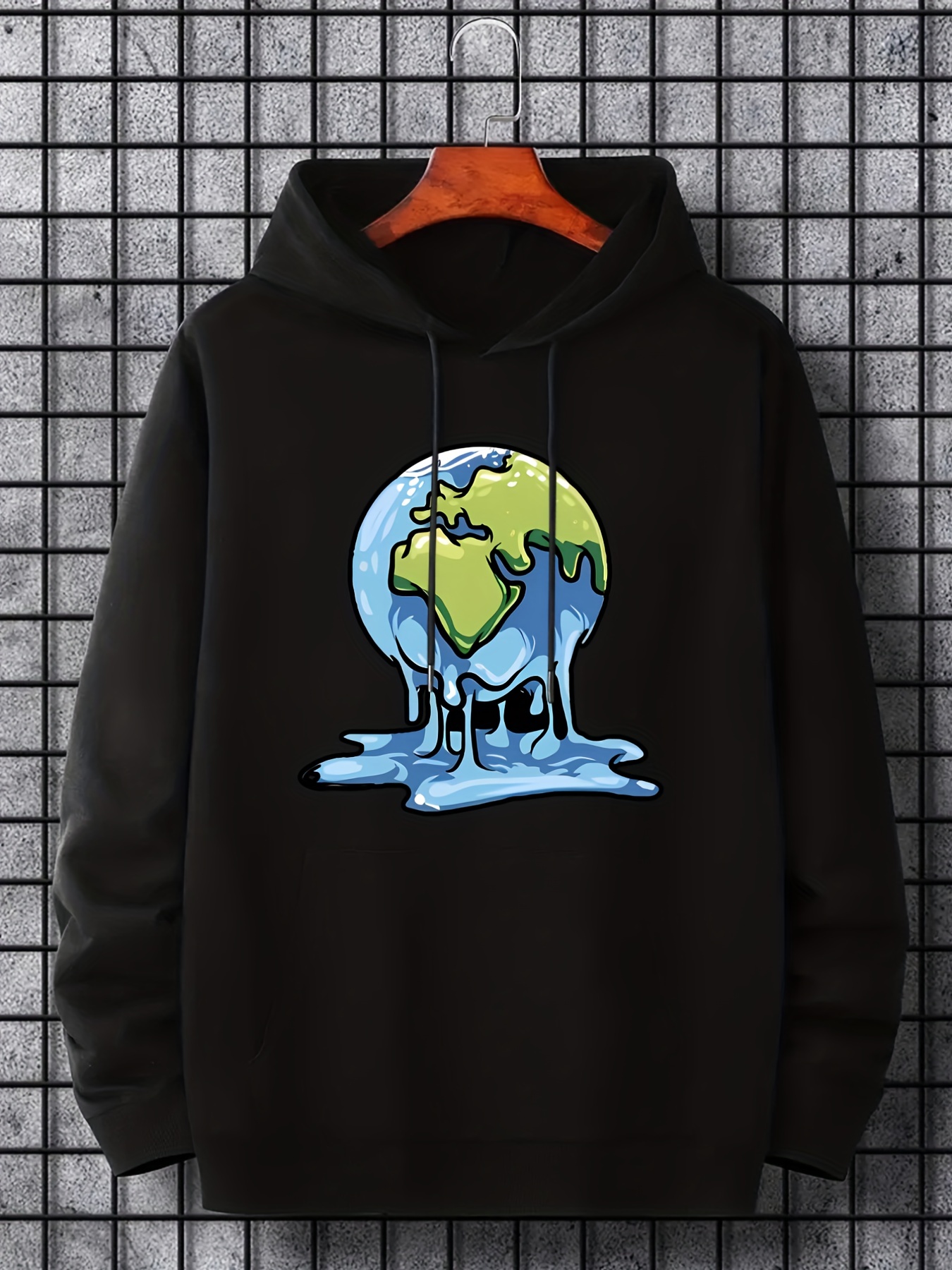 cartoon melting earth print hoodie hoodies for men mens casual graphic design pullover hooded sweatshirt with kangaroo pocket streetwear for winter fall as gifts details 0