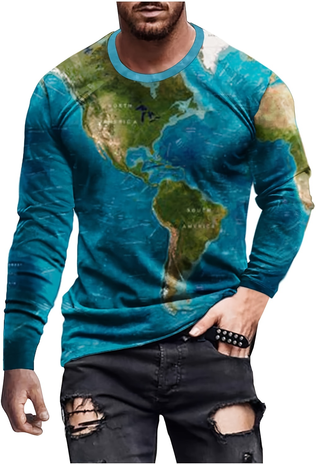 mens global map print long sleeve t shirt casual sports tops details 0