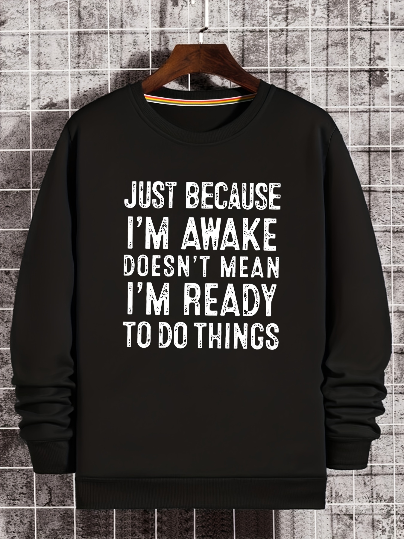 funny slogan print sweatshirt mens casual graphic design slightly stretch crew neck pullover sweatshirt for autumn winter details 0