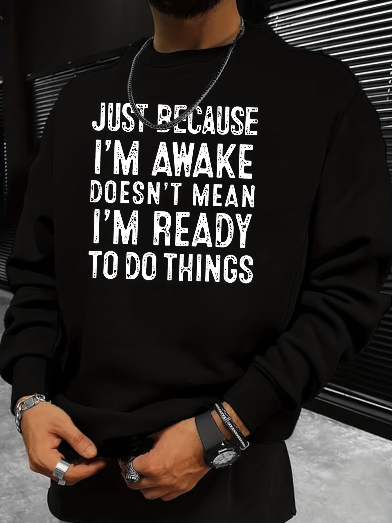 funny slogan print sweatshirt mens casual graphic design slightly stretch crew neck pullover sweatshirt for autumn winter details 3