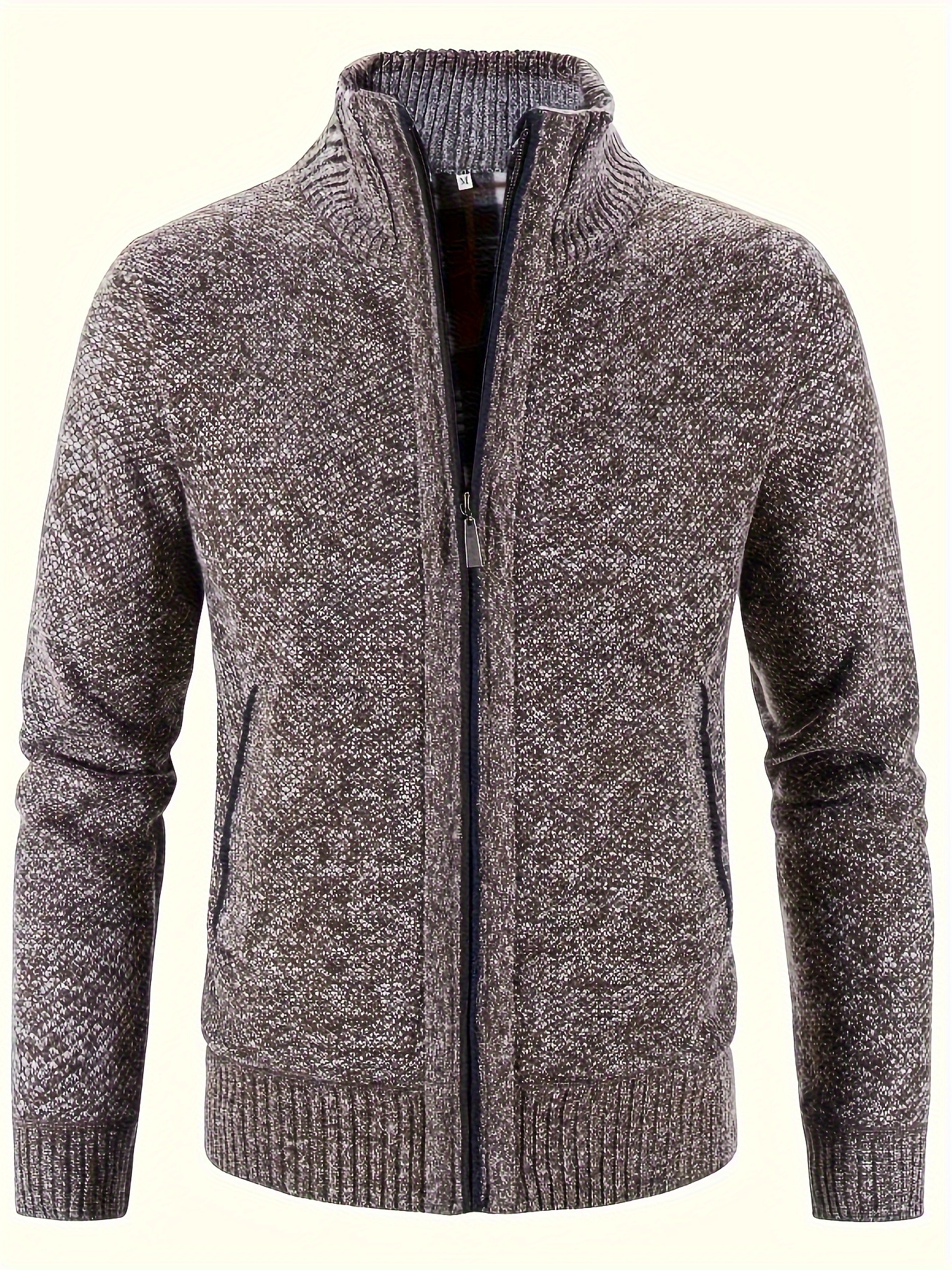 warm stand collar jacket mens casual comfortable zip up zipper pockets knitted cardigan for fall winter details 4