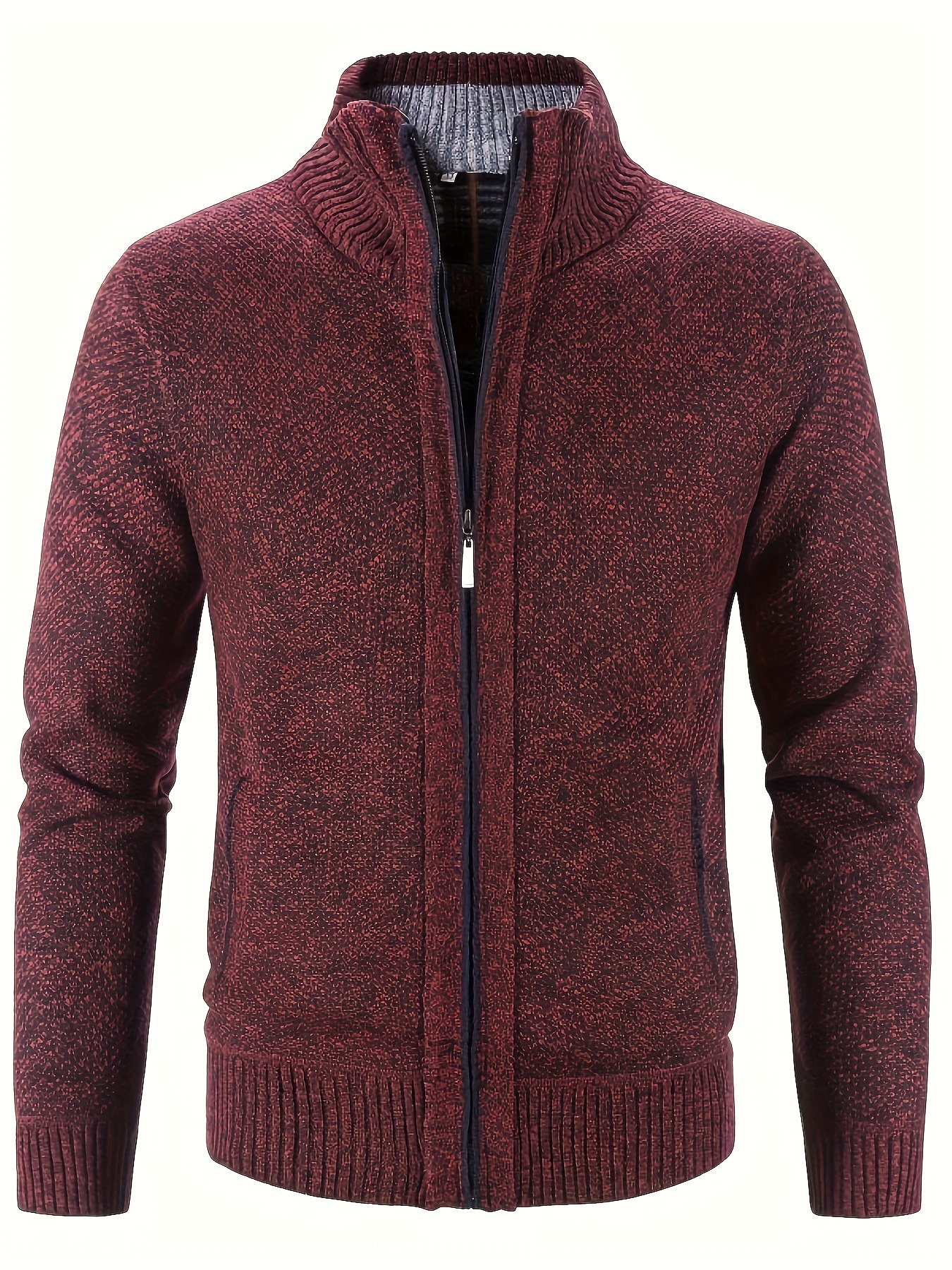 warm stand collar jacket mens casual comfortable zip up zipper pockets knitted cardigan for fall winter details 5