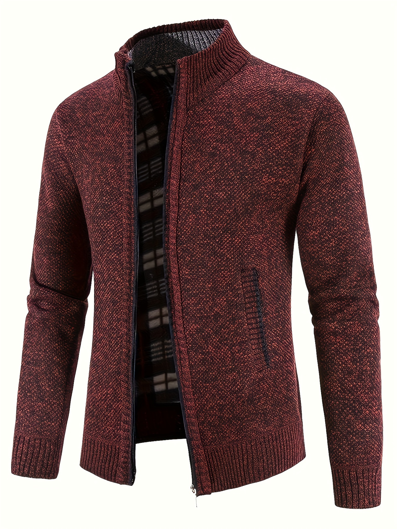 warm stand collar jacket mens casual comfortable zip up zipper pockets knitted cardigan for fall winter details 8