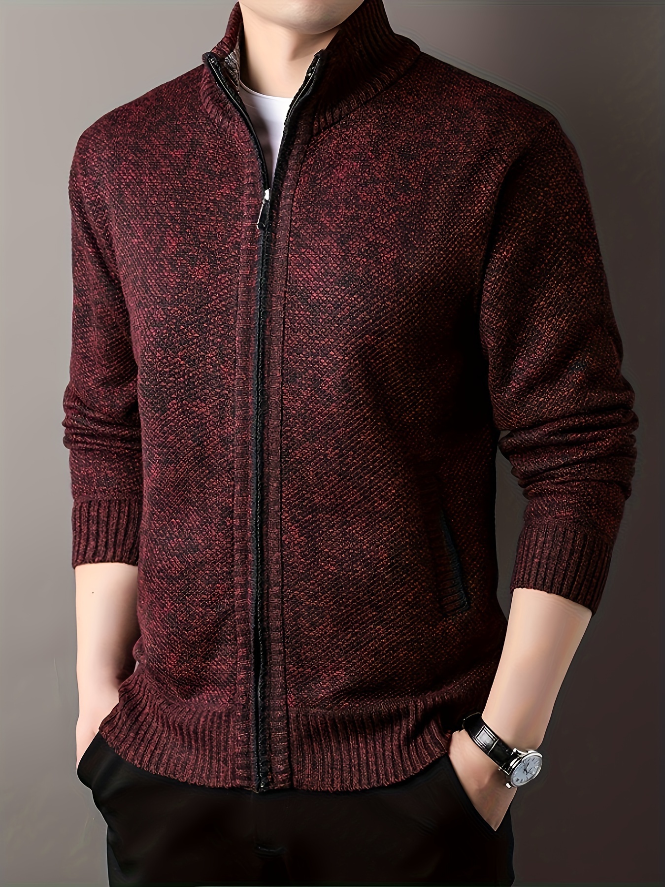 warm stand collar jacket mens casual comfortable zip up zipper pockets knitted cardigan for fall winter details 9