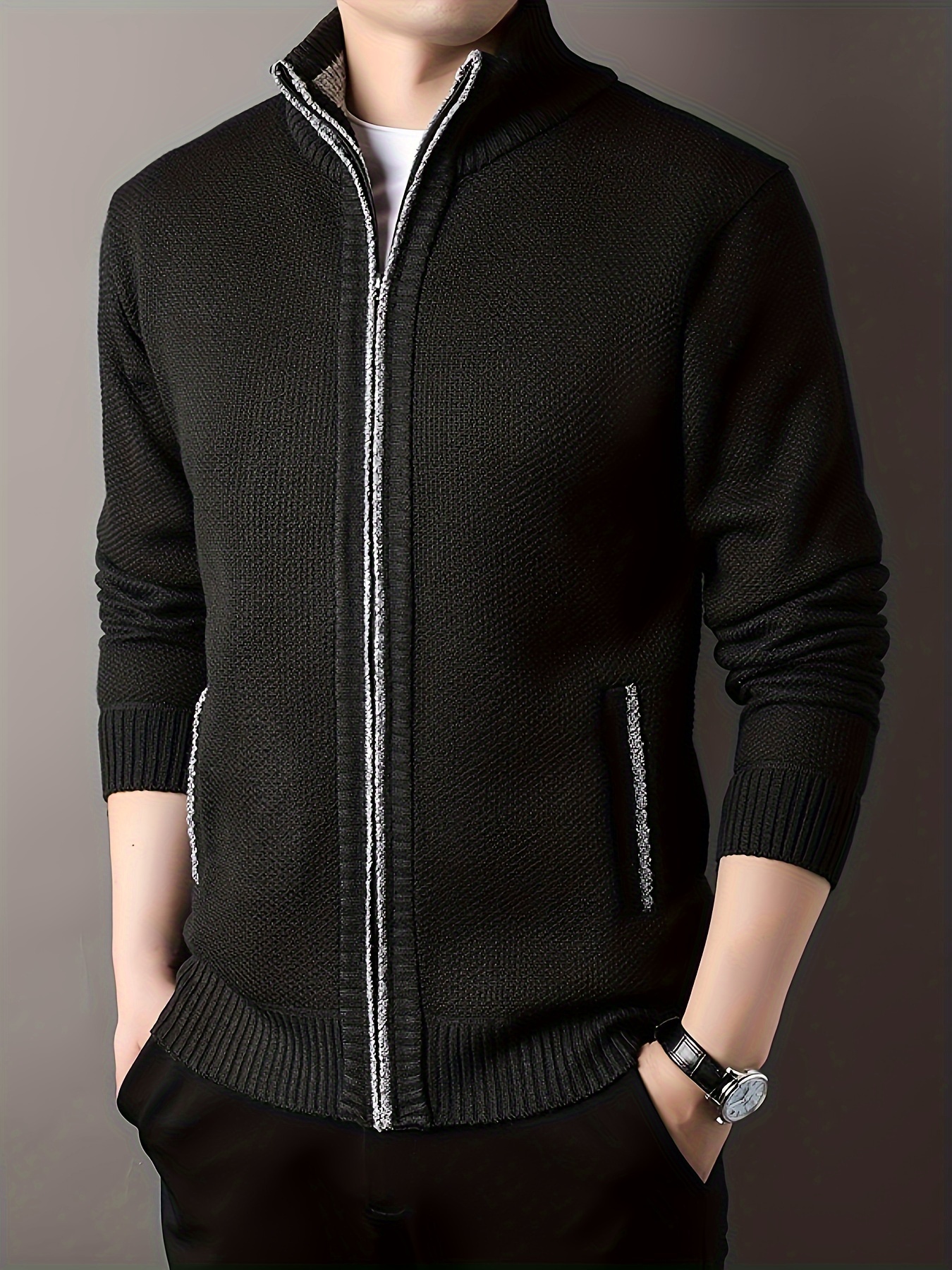 warm stand collar jacket mens casual comfortable zip up zipper pockets knitted cardigan for fall winter details 14