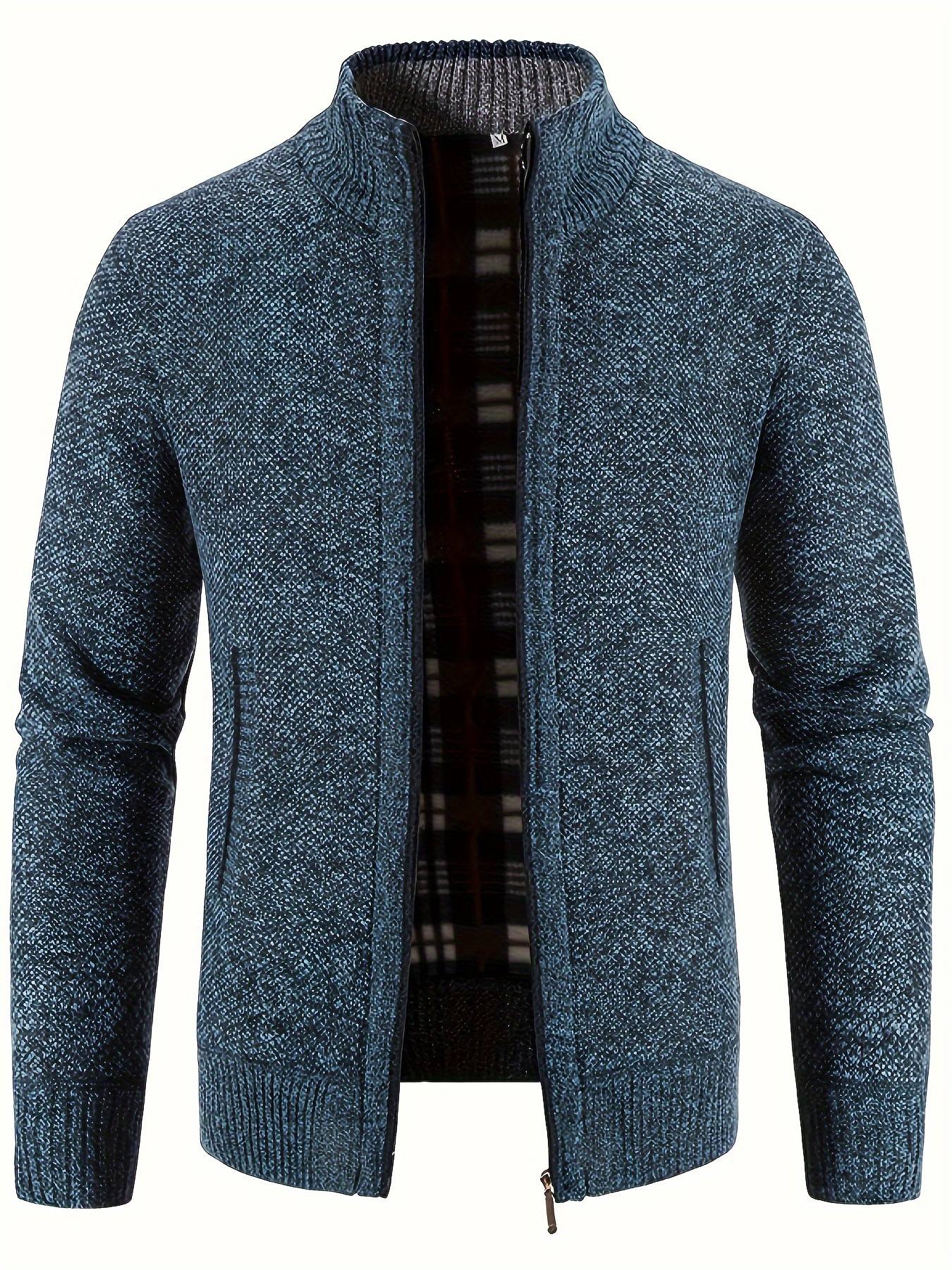 warm stand collar jacket mens casual comfortable zip up zipper pockets knitted cardigan for fall winter details 15