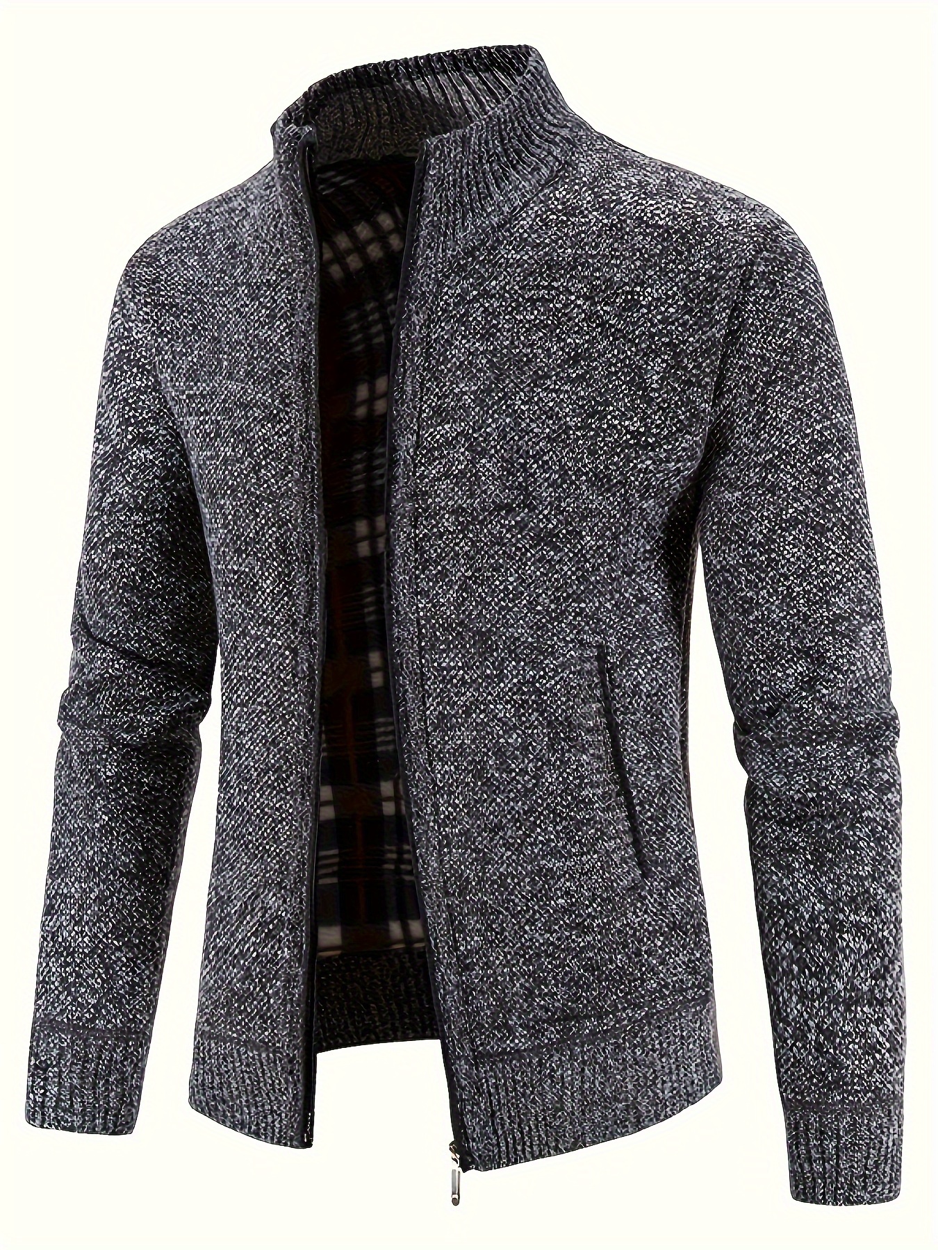 warm stand collar jacket mens casual comfortable zip up zipper pockets knitted cardigan for fall winter details 23