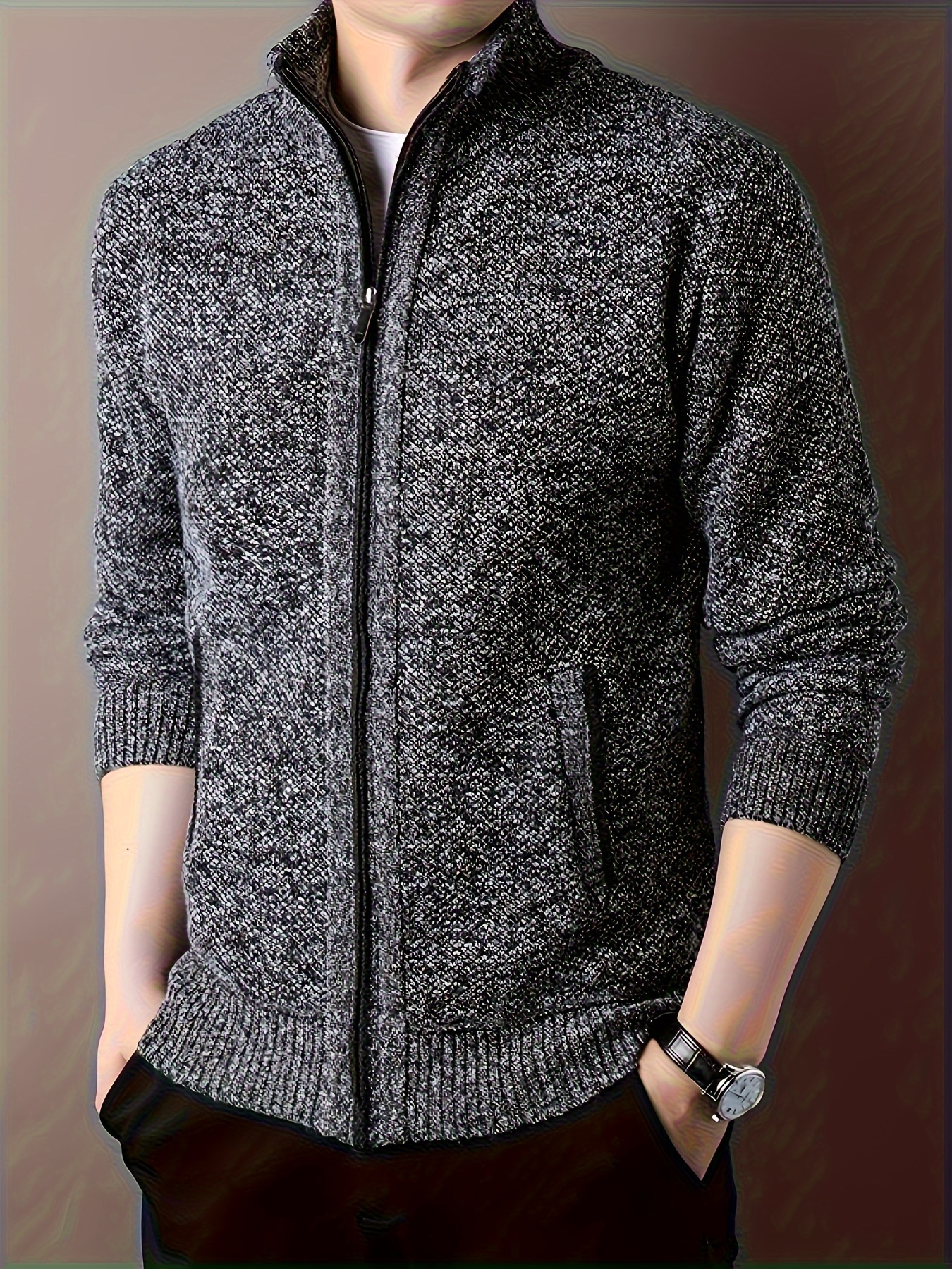 warm stand collar jacket mens casual comfortable zip up zipper pockets knitted cardigan for fall winter details 24