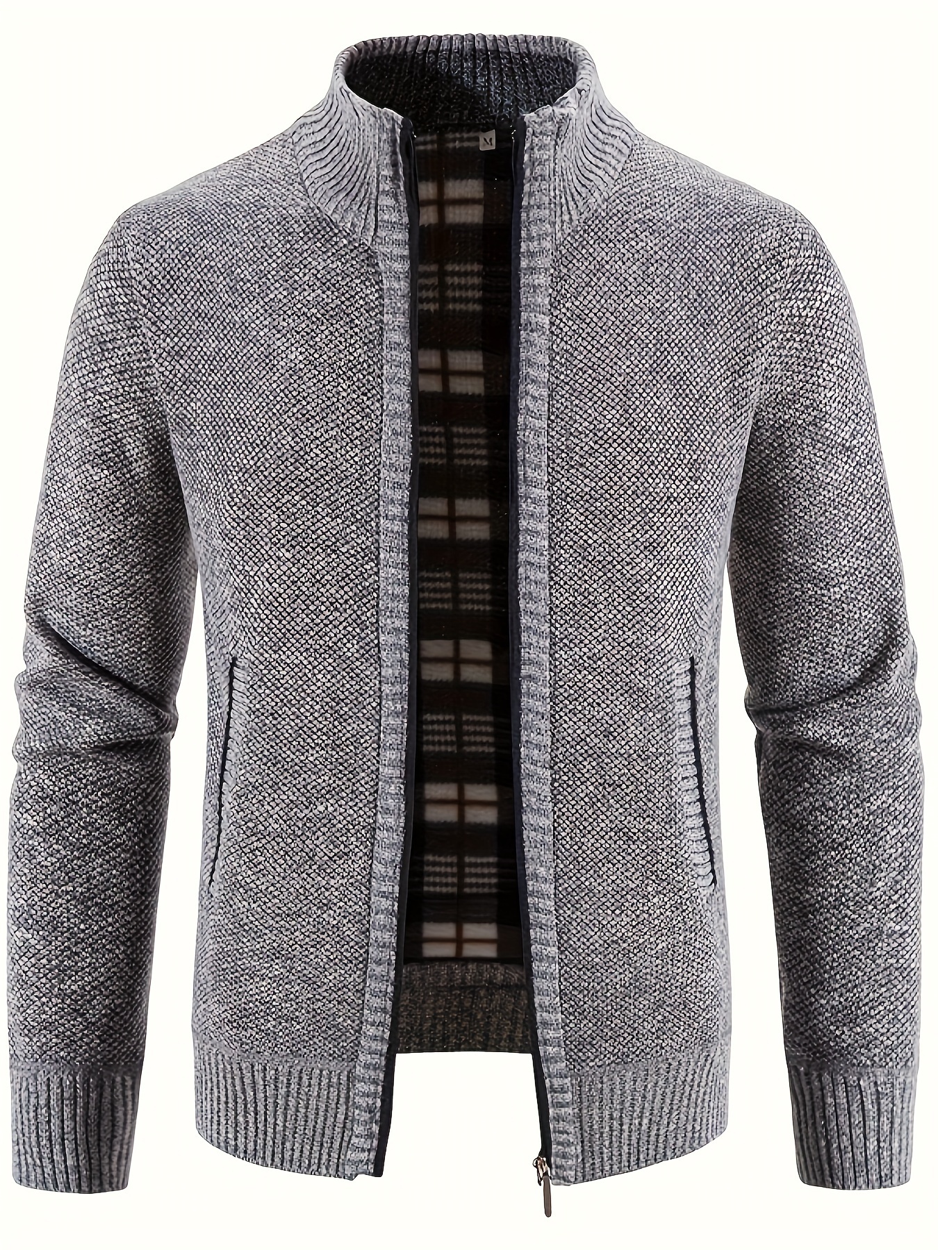 warm stand collar jacket mens casual comfortable zip up zipper pockets knitted cardigan for fall winter details 25