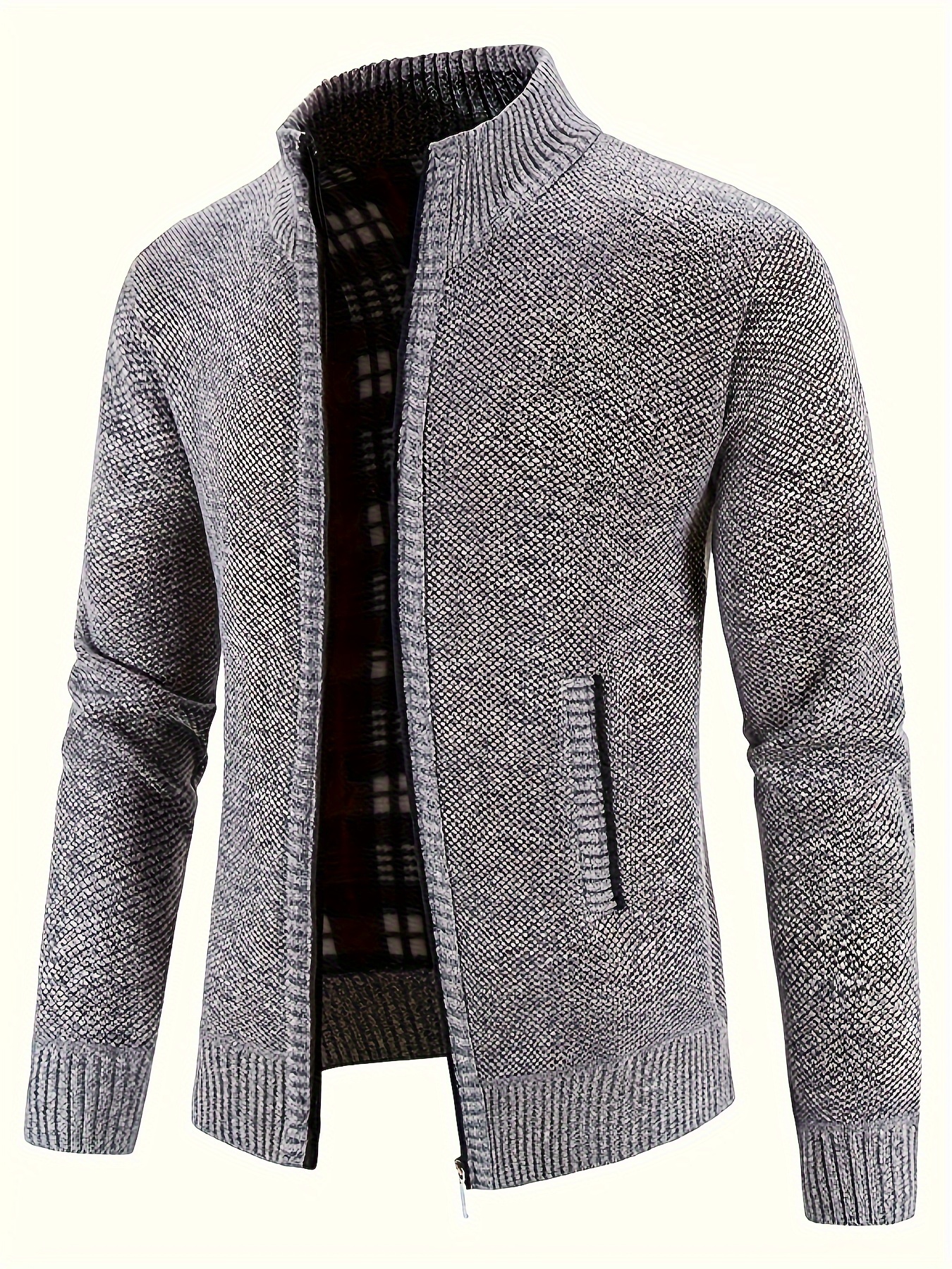 warm stand collar jacket mens casual comfortable zip up zipper pockets knitted cardigan for fall winter details 28