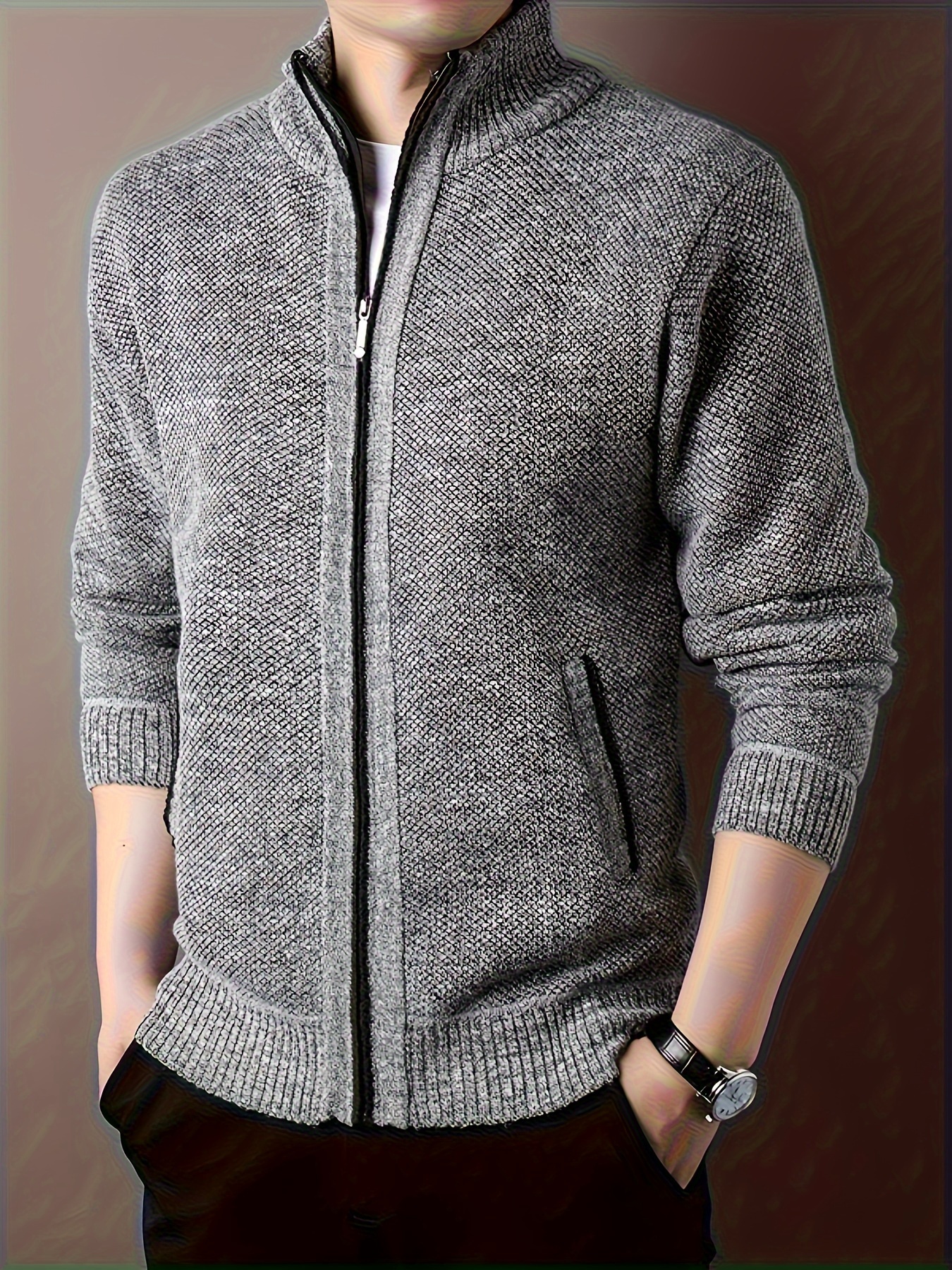 warm stand collar jacket mens casual comfortable zip up zipper pockets knitted cardigan for fall winter details 29