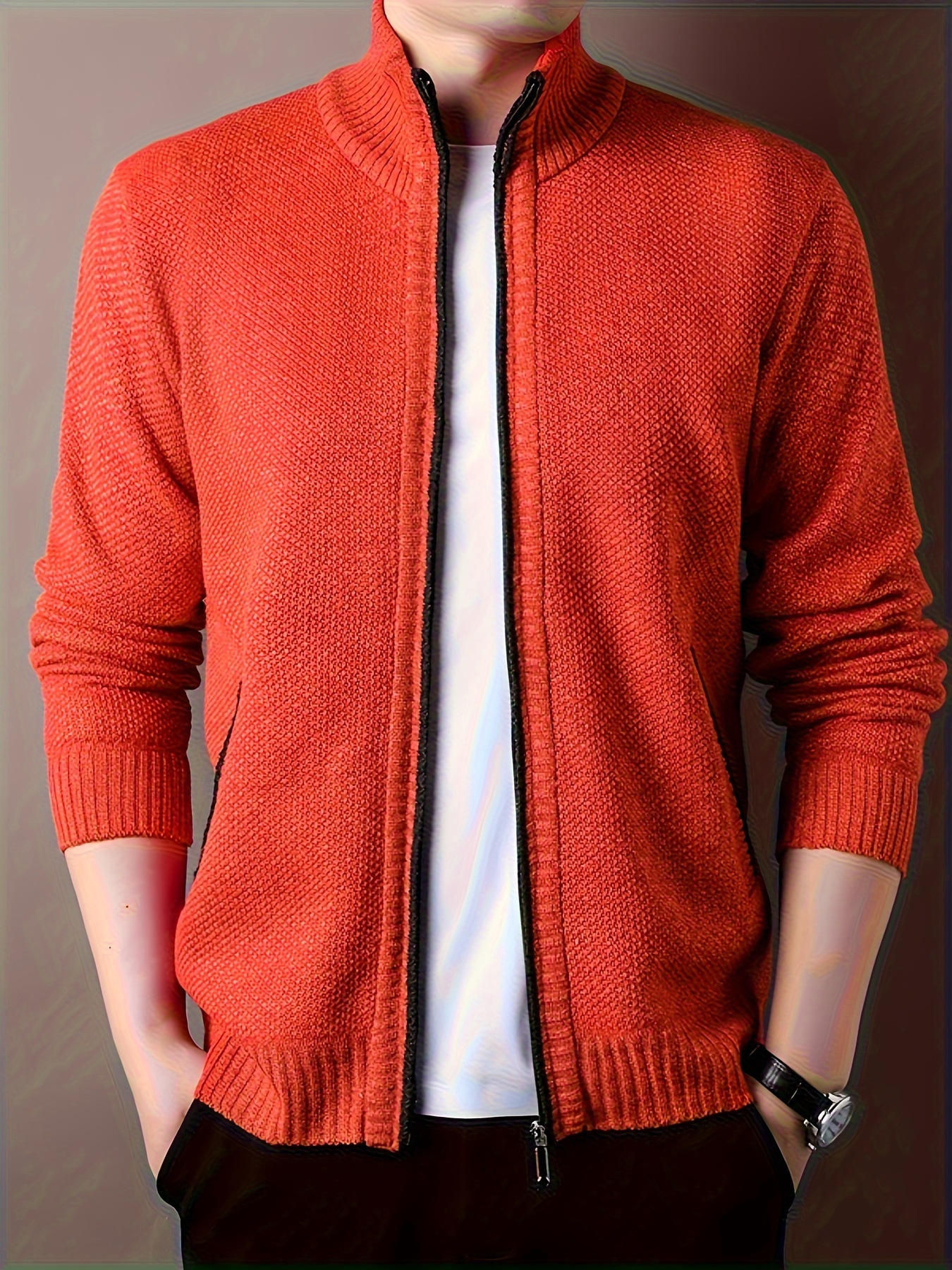 warm stand collar jacket mens casual comfortable zip up zipper pockets knitted cardigan for fall winter details 34