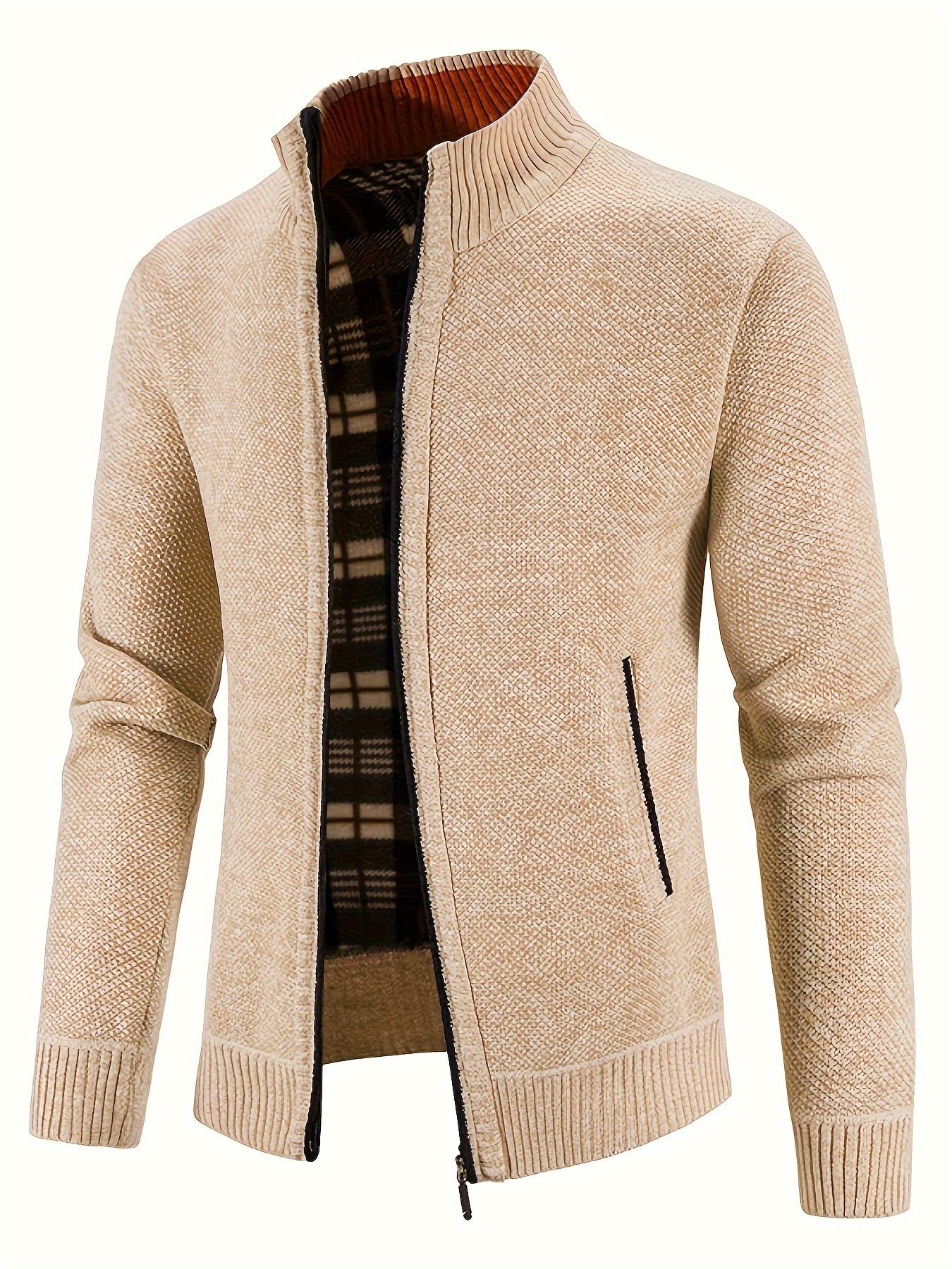 warm stand collar jacket mens casual comfortable zip up zipper pockets knitted cardigan for fall winter details 38