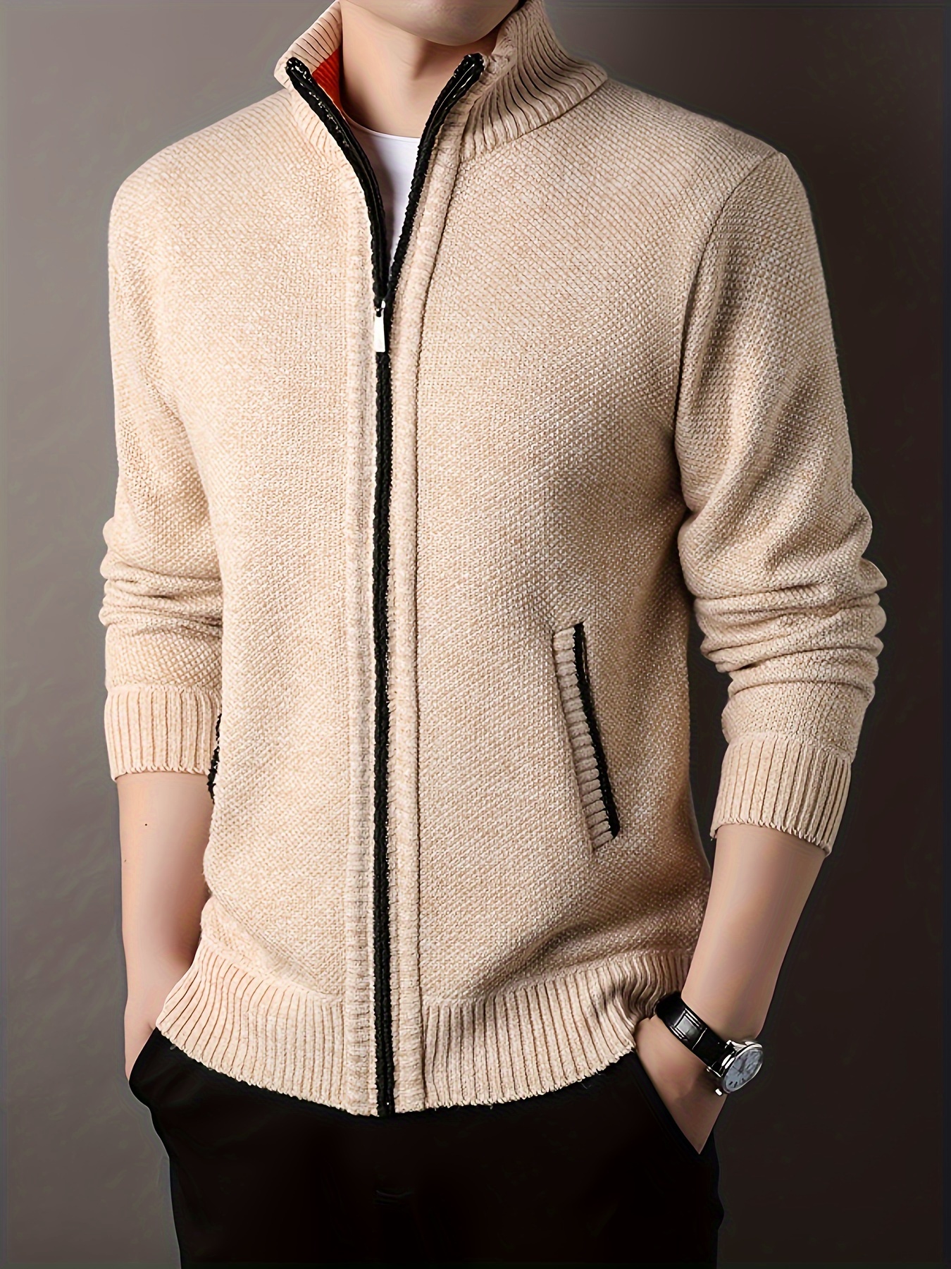 warm stand collar jacket mens casual comfortable zip up zipper pockets knitted cardigan for fall winter details 39