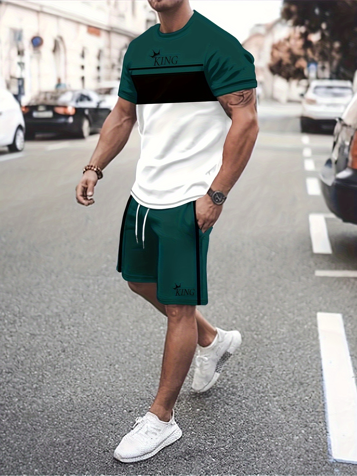 2pcs color block outfits for men casual crew neck short sleeve t shirt and drawstring shorts set for summer mens clothing loungewear vacation workout details 0