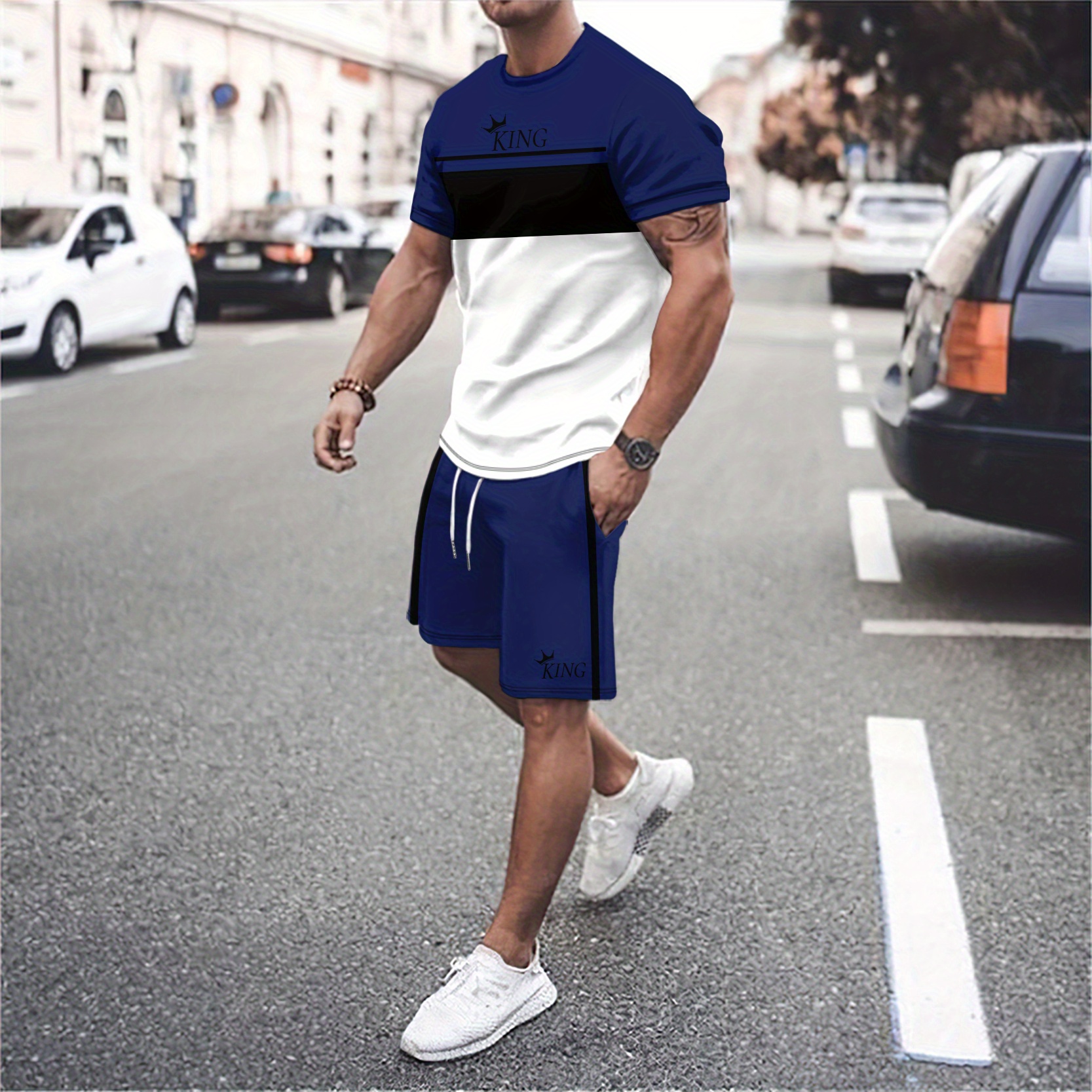 2pcs color block outfits for men casual crew neck short sleeve t shirt and drawstring shorts set for summer mens clothing loungewear vacation workout details 3