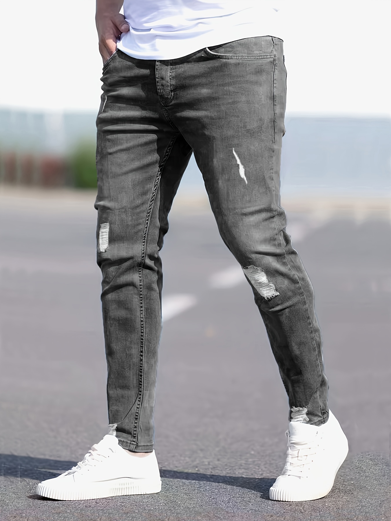 chic skinny ripped jeans mens casual street style stretch jeans details 0