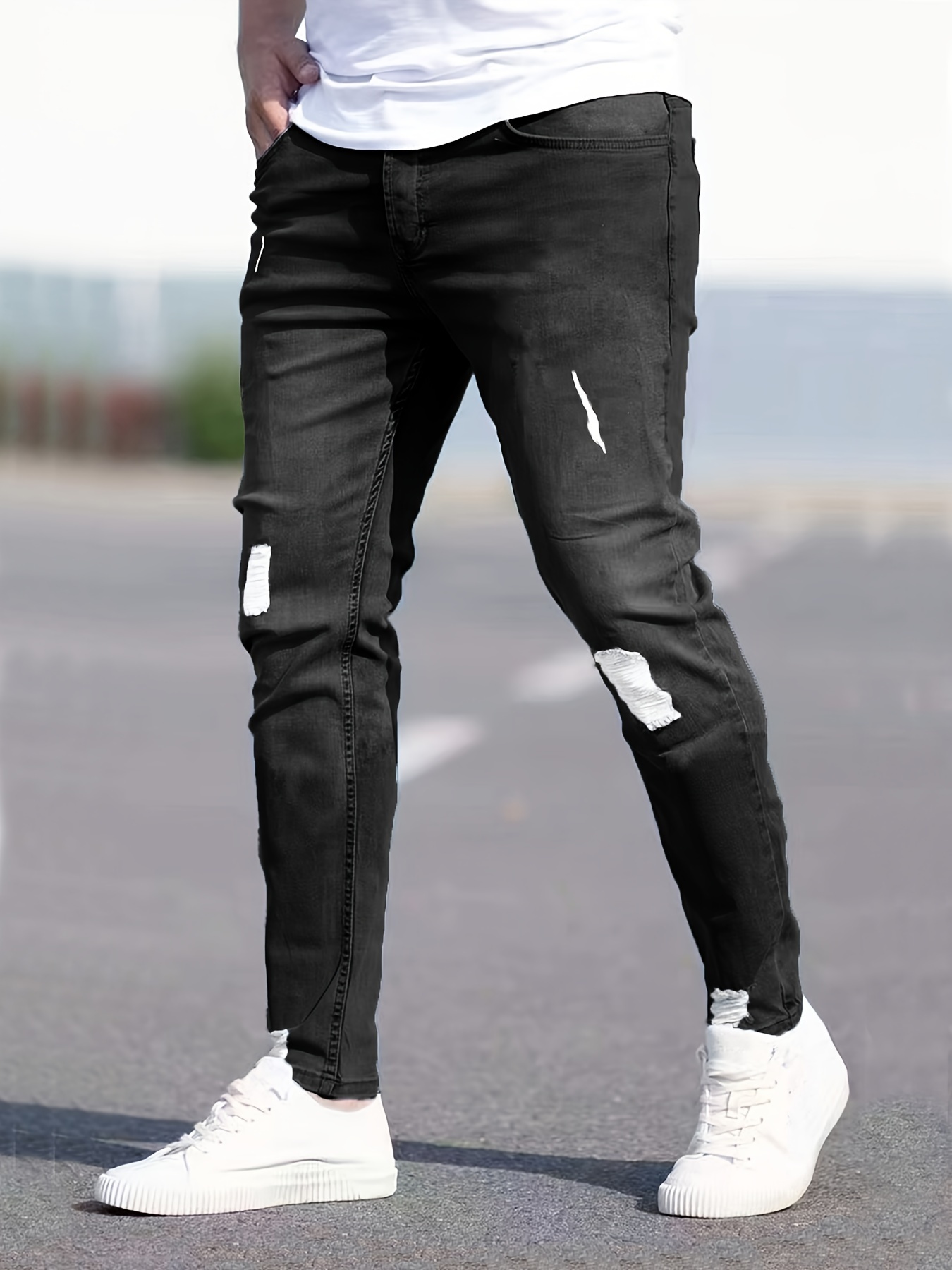 chic skinny ripped jeans mens casual street style stretch jeans details 5