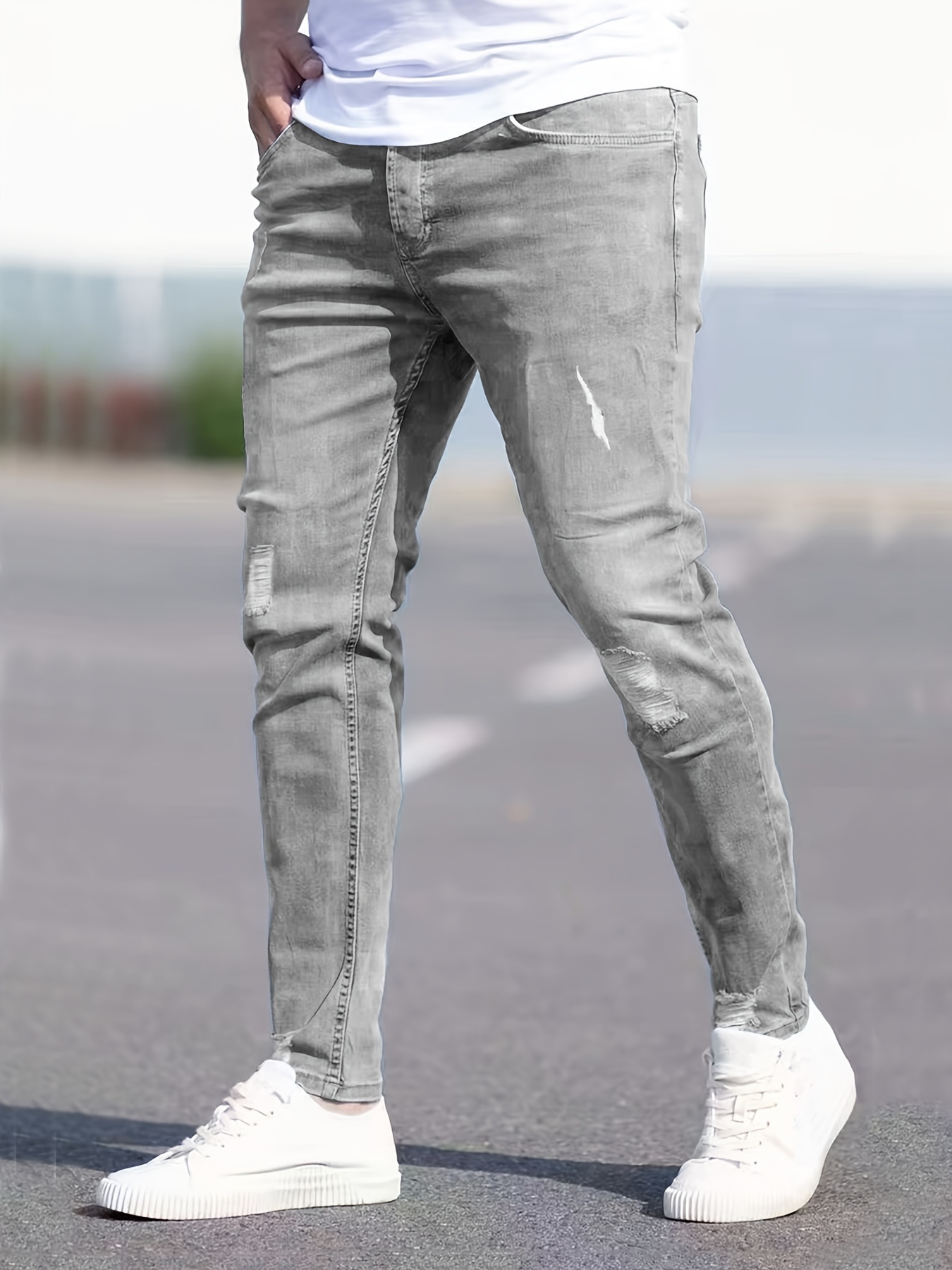 chic skinny ripped jeans mens casual street style stretch jeans details 10