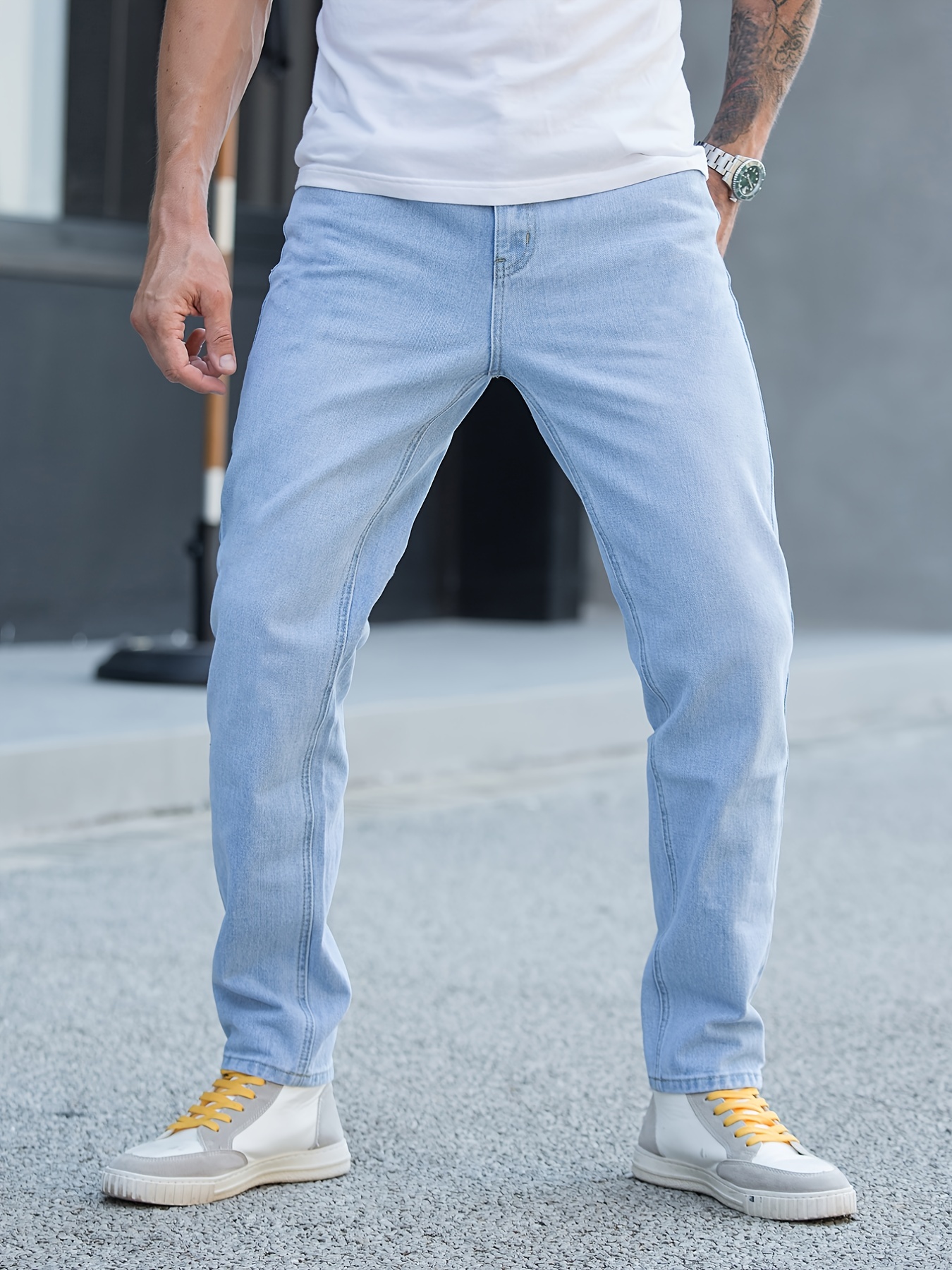 mens solid color casual straight slim jeans details 0