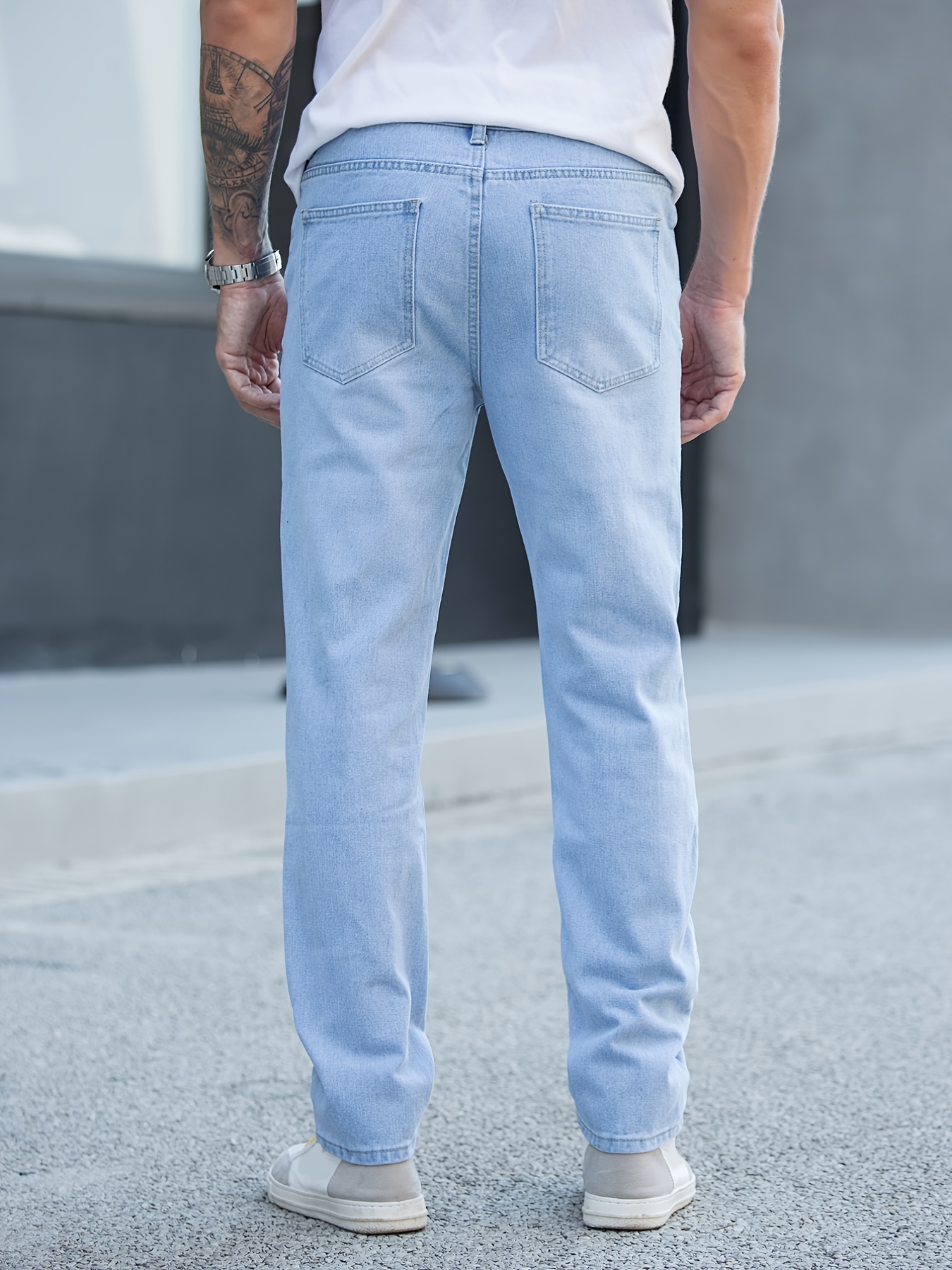 mens solid color casual straight slim jeans details 2