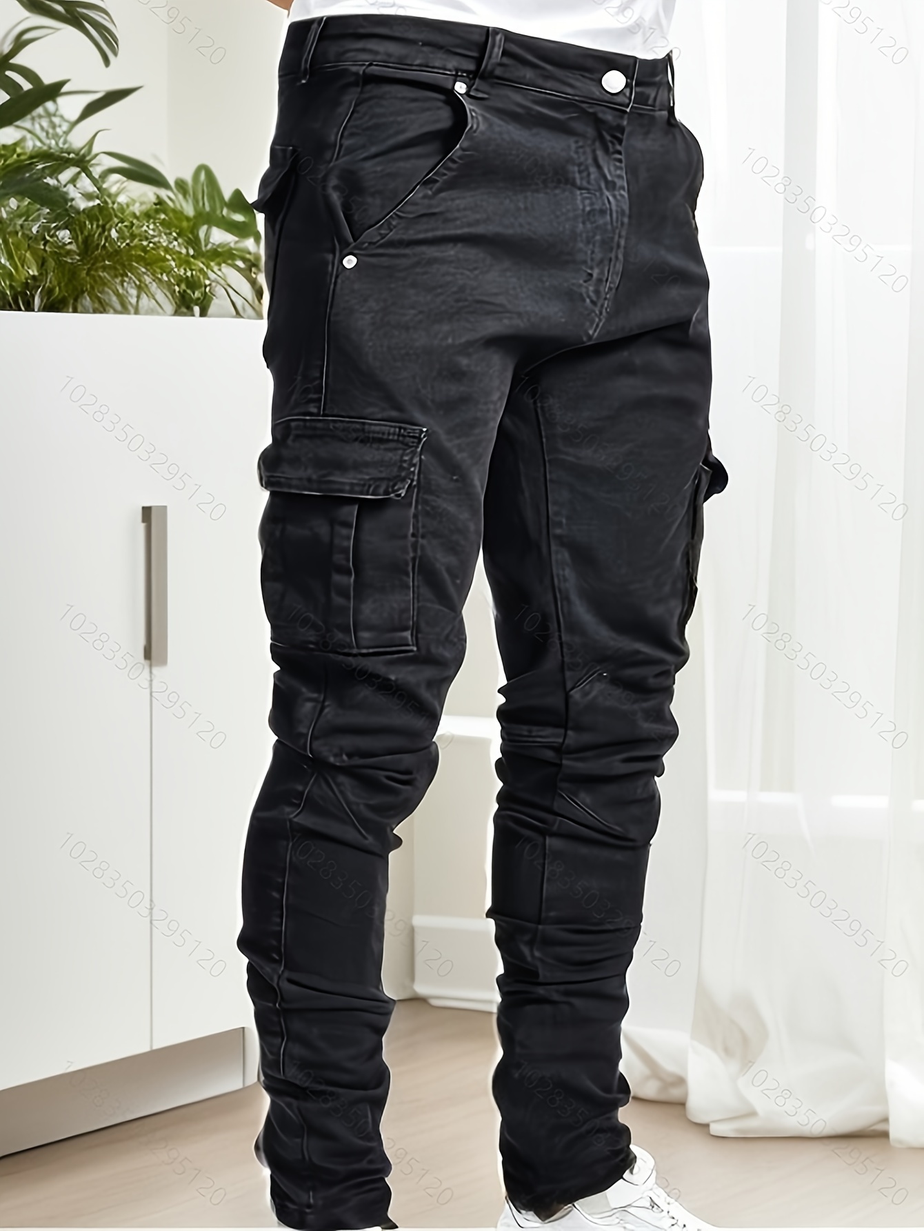 mens casual flap pocket skinny jeans chic street style medium stretch denim pants details 0