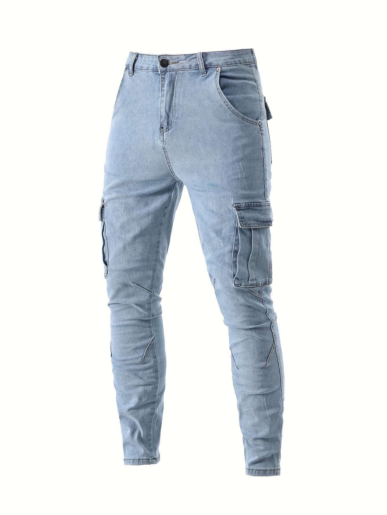 mens casual flap pocket skinny jeans chic street style medium stretch denim pants details 9