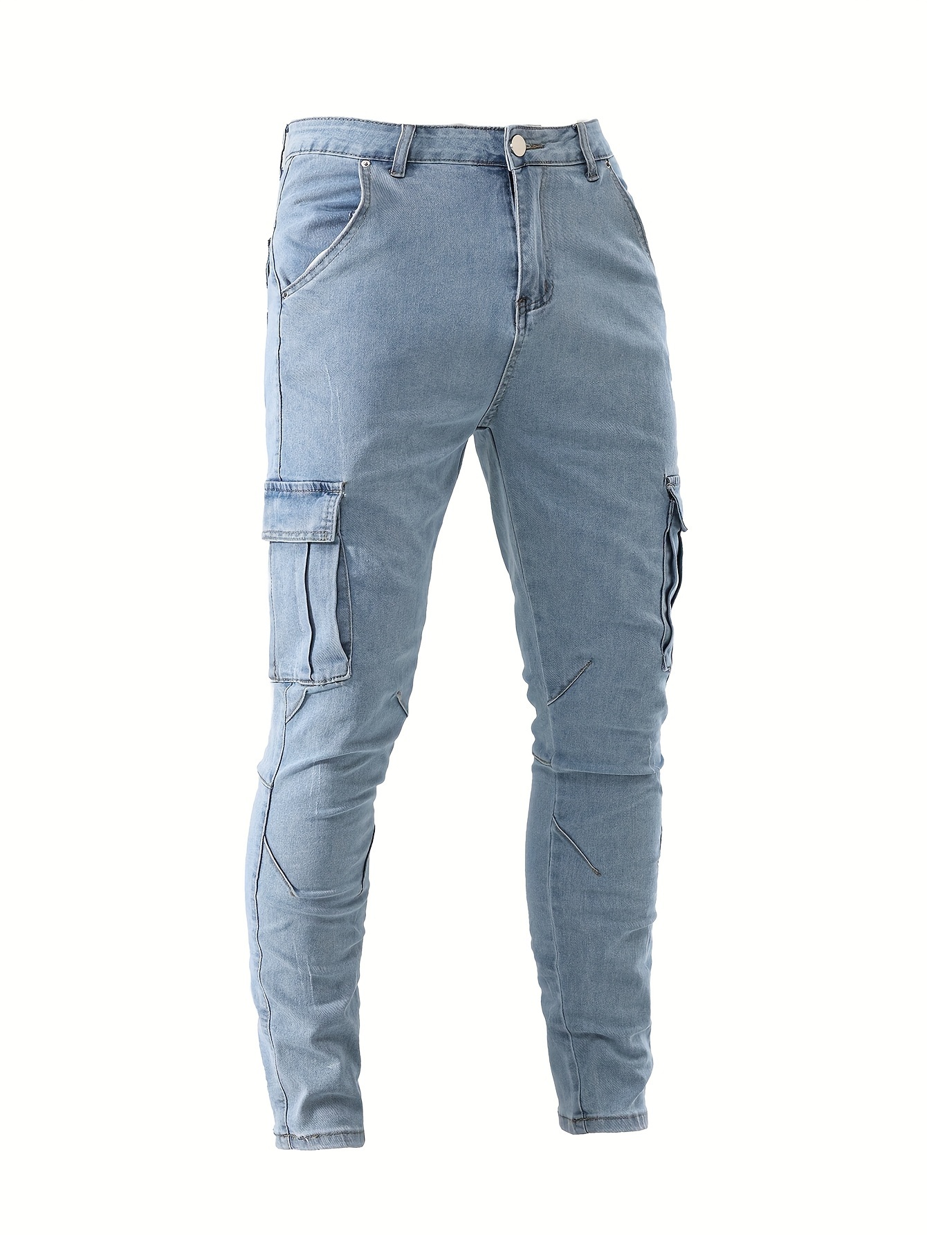 mens casual flap pocket skinny jeans chic street style medium stretch denim pants details 11