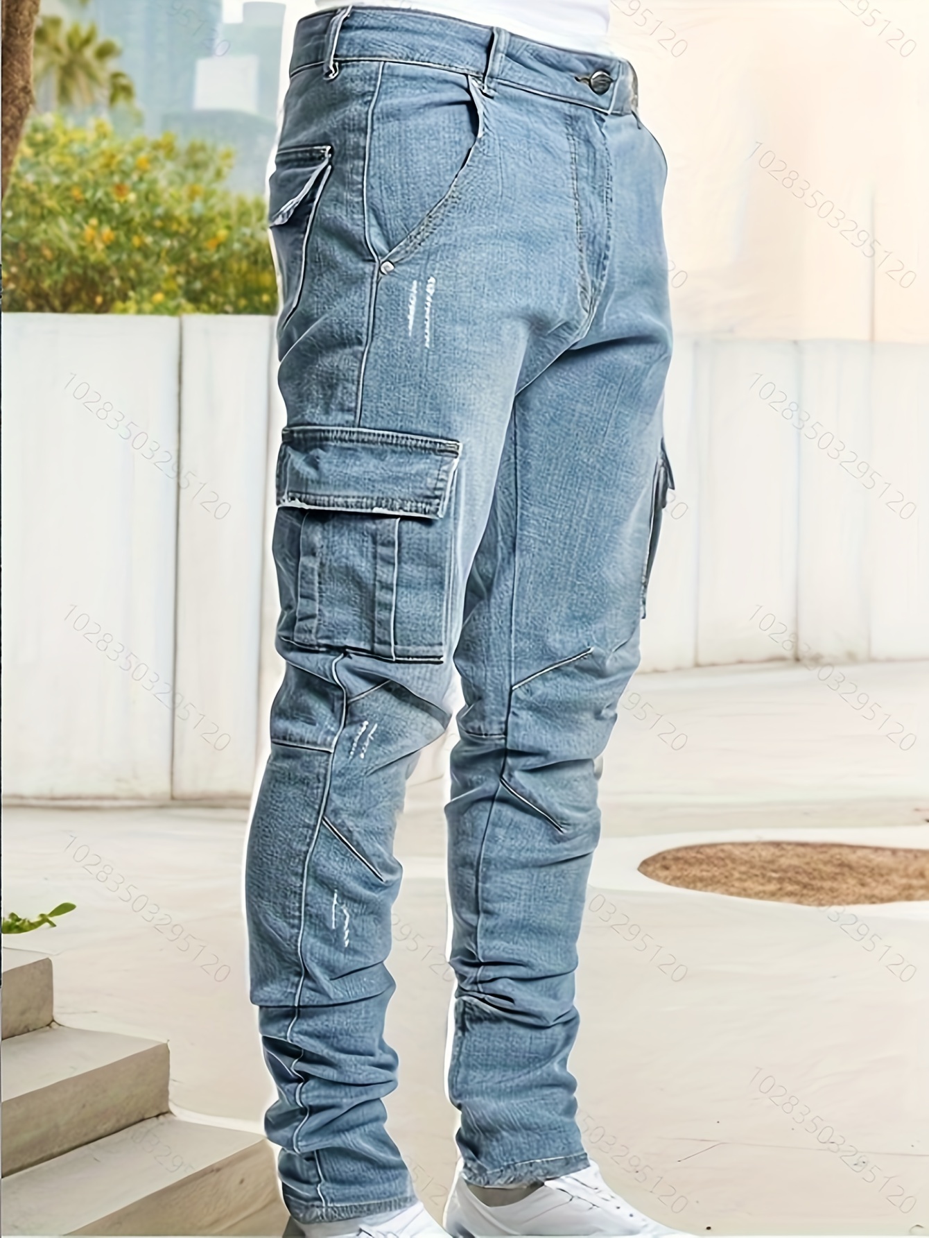 mens casual flap pocket skinny jeans chic street style medium stretch denim pants details 12