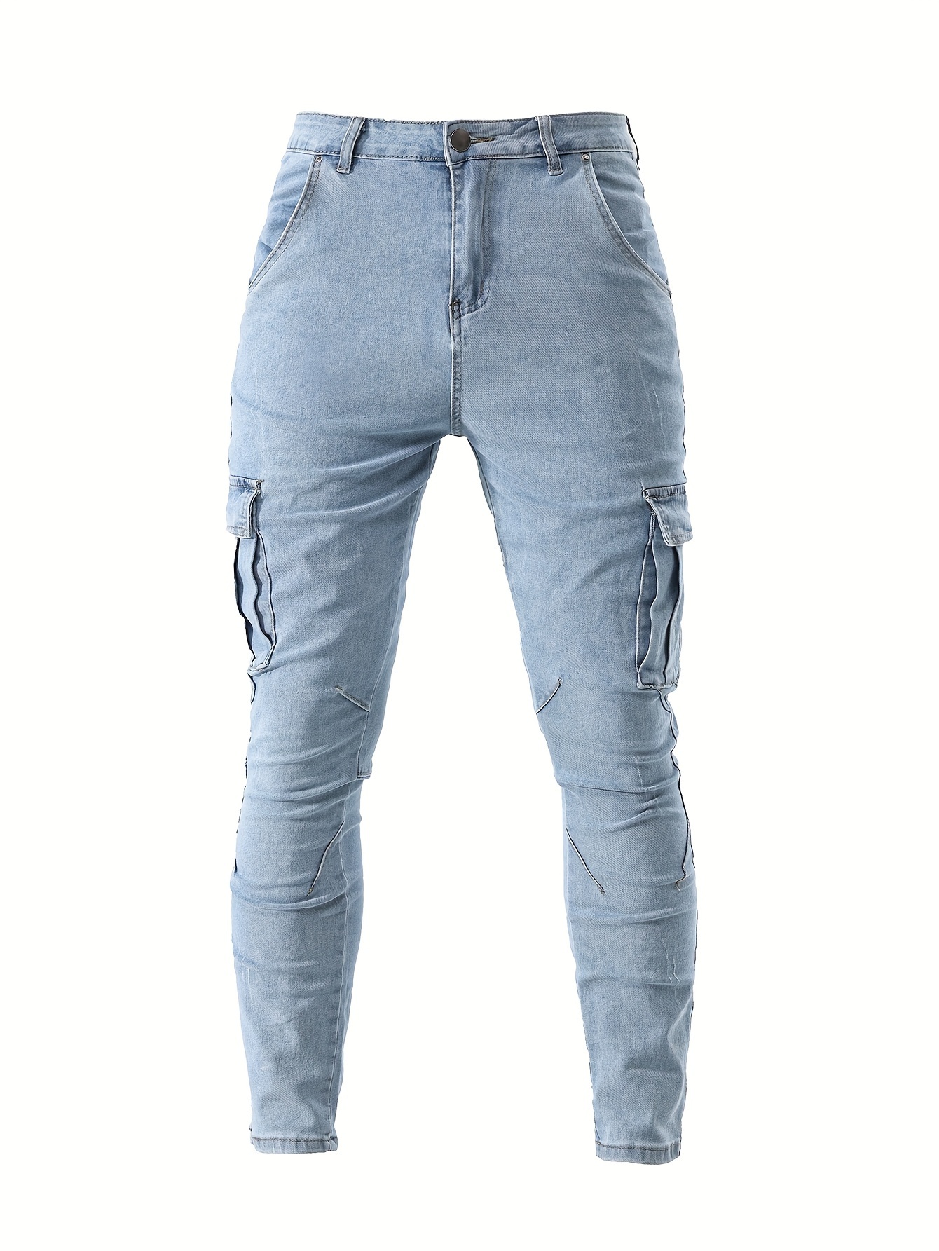 mens casual flap pocket skinny jeans chic street style medium stretch denim pants details 14