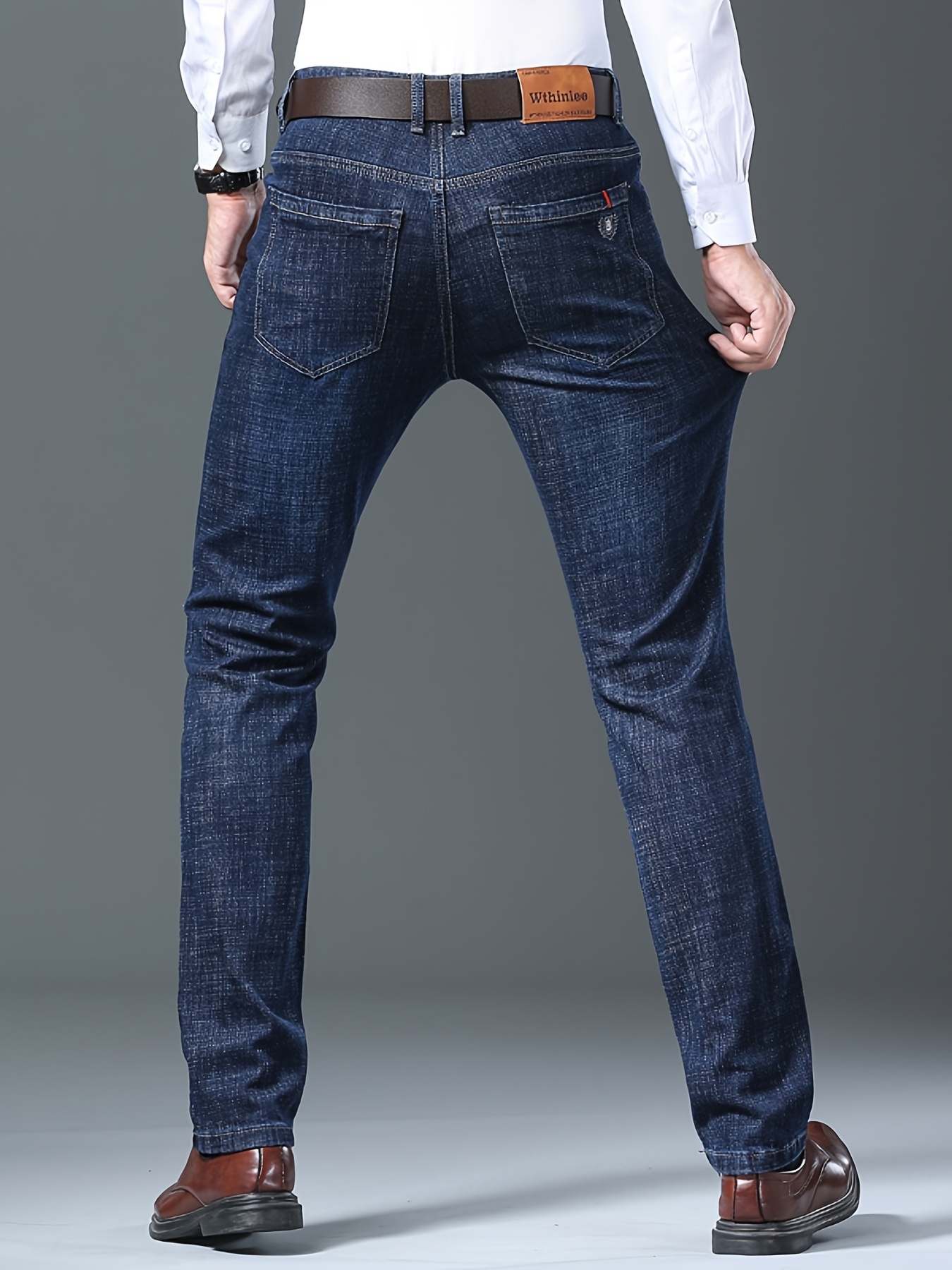 mens semi formal jeans for business distressed stretch denim pants with pockets mens clothing details 1