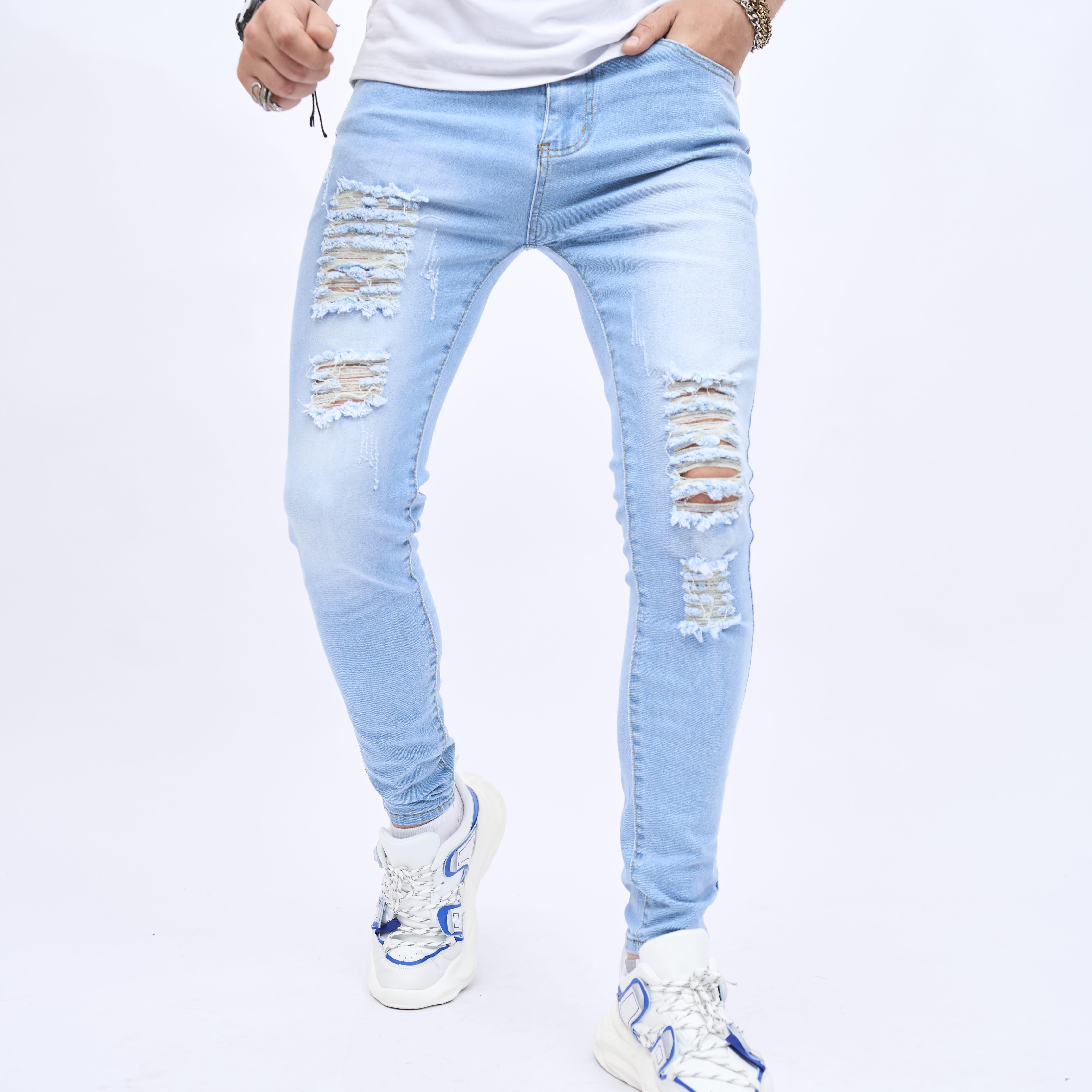 2023 retro distressed knee ripped jeans slim small feet light blue cotton jeans details 0