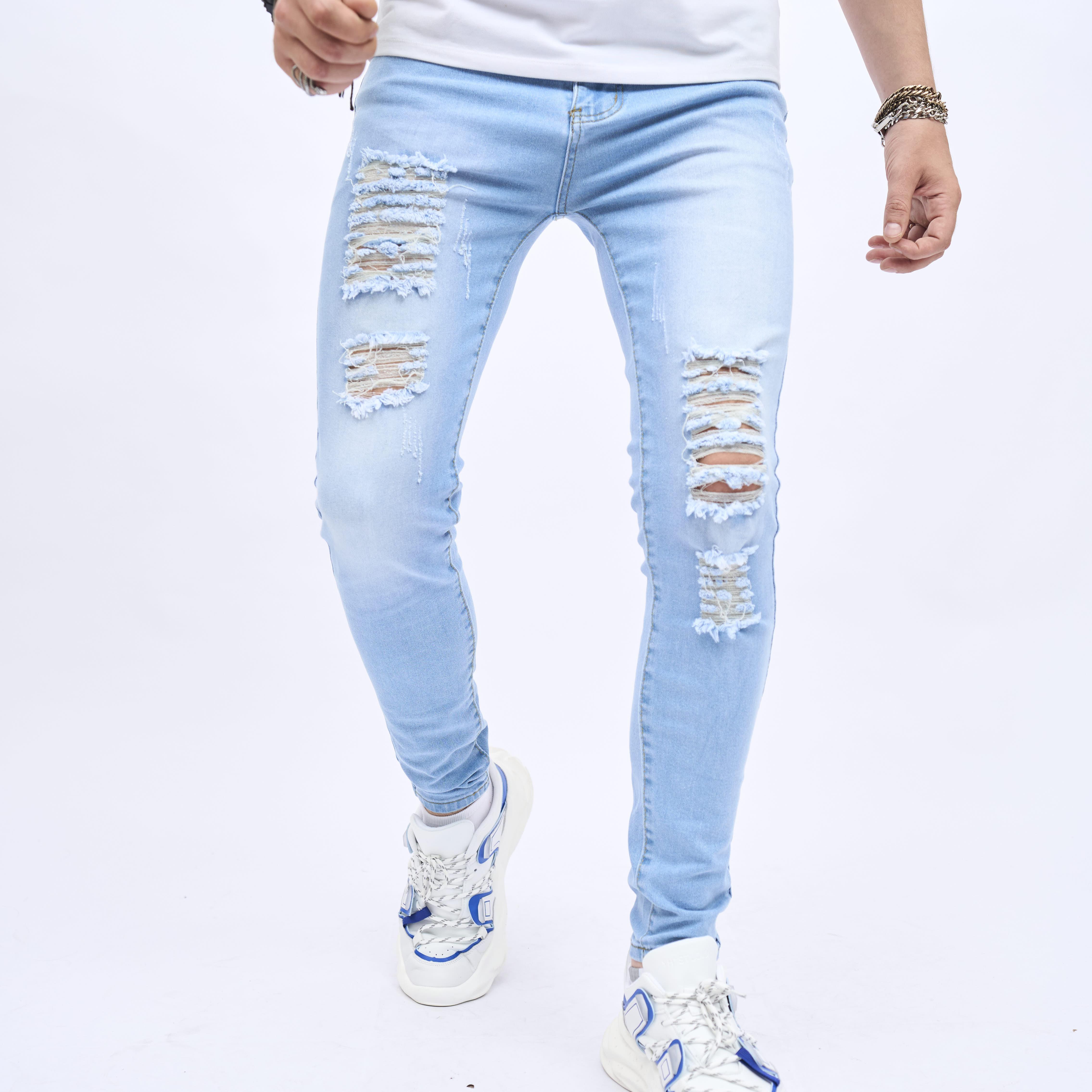 2023 retro distressed knee ripped jeans slim small feet light blue cotton jeans details 1