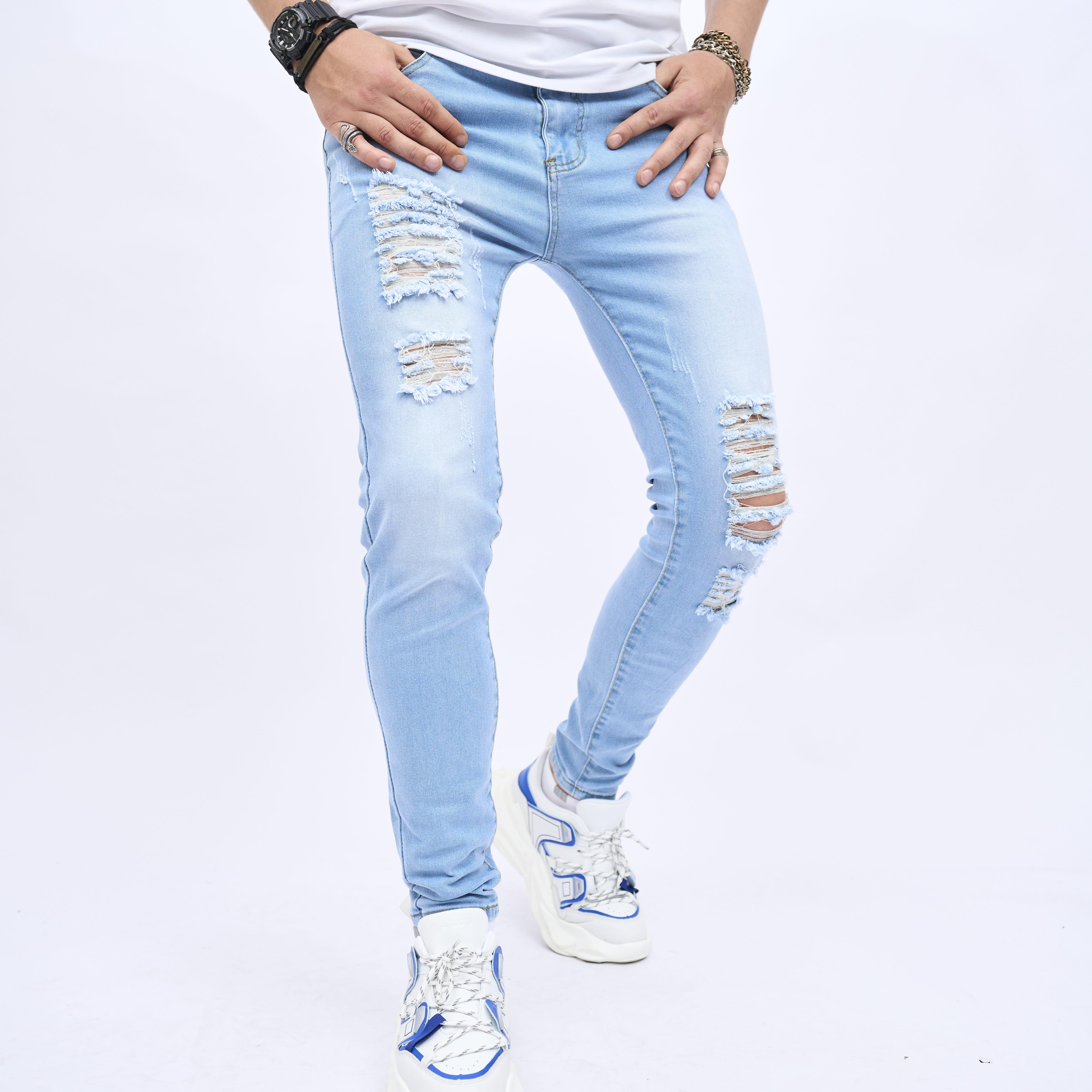 2023 retro distressed knee ripped jeans slim small feet light blue cotton jeans details 3